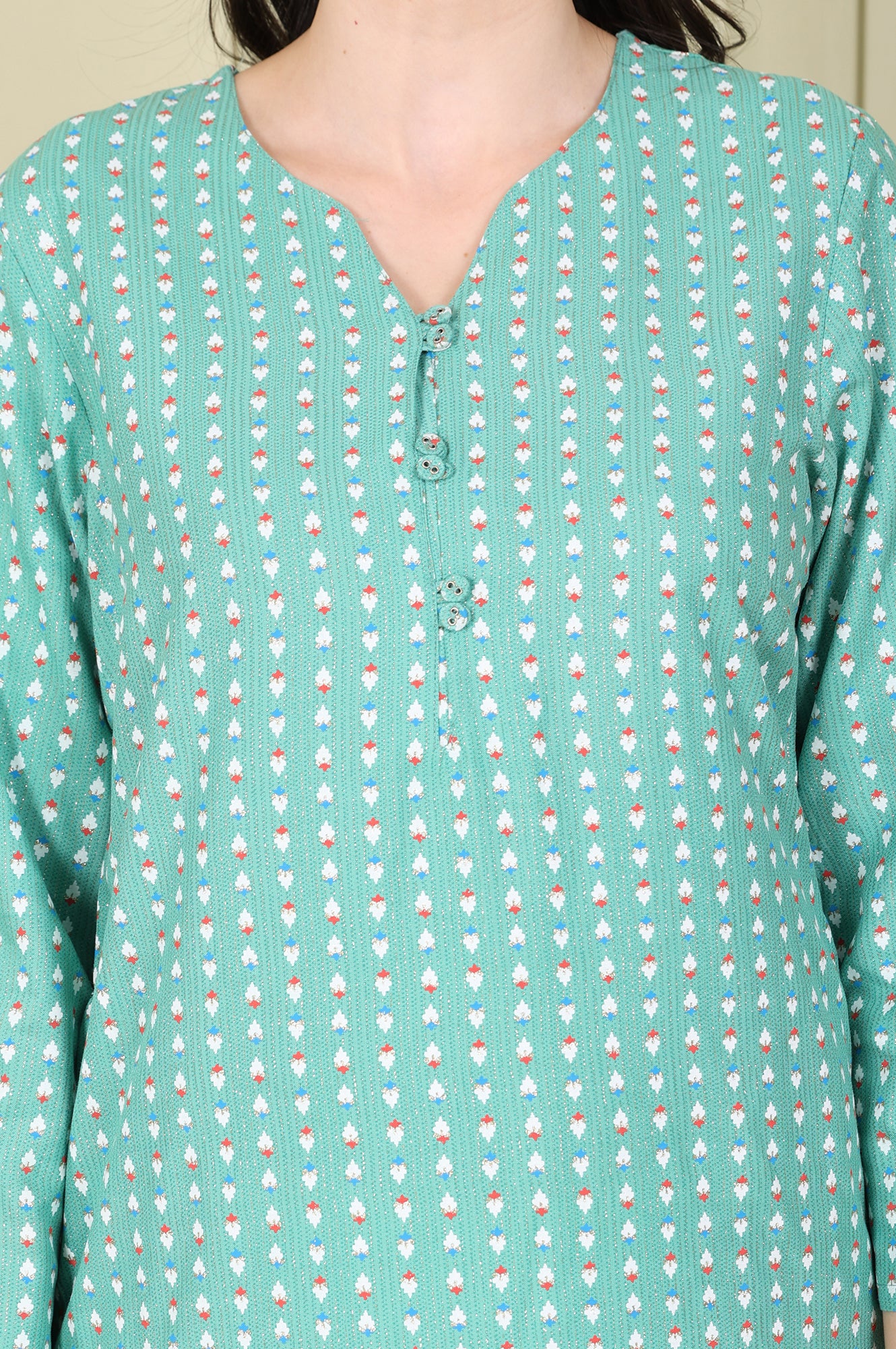 Green Glitter Geometric Printed Rayon Straight Kurta - Image 3