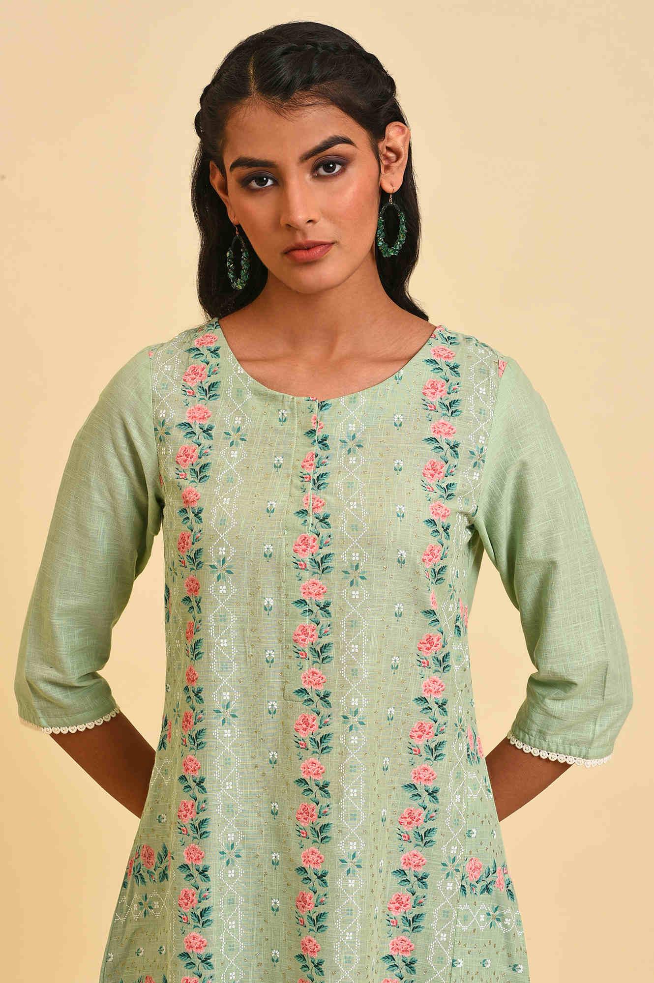 Green Glitter Printed A-Line kurta - Image 5