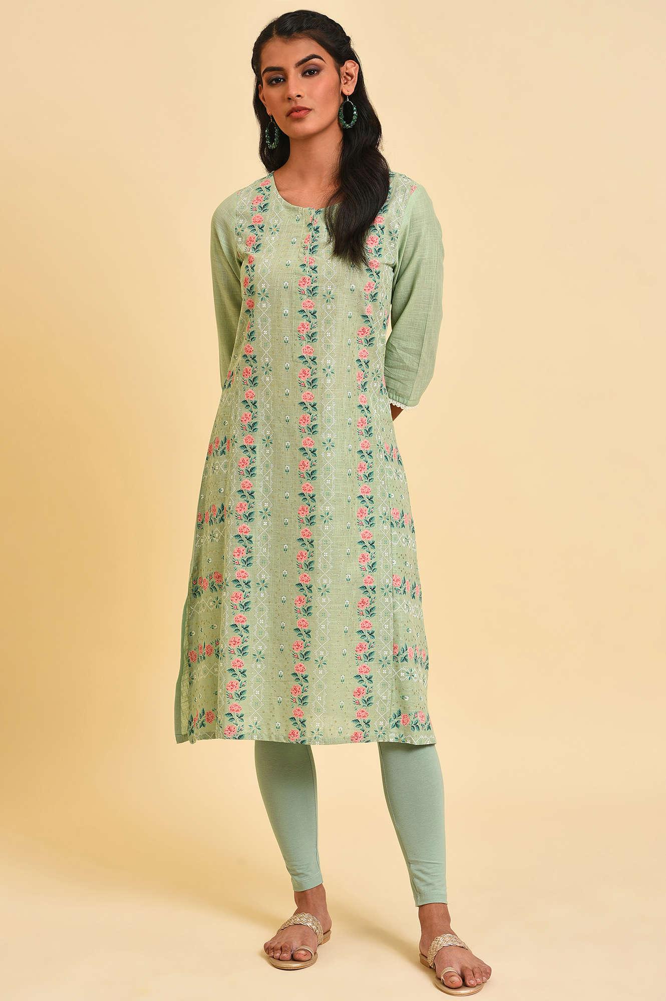 Green Glitter Printed A-Line Plus Size kurta - Image 6
