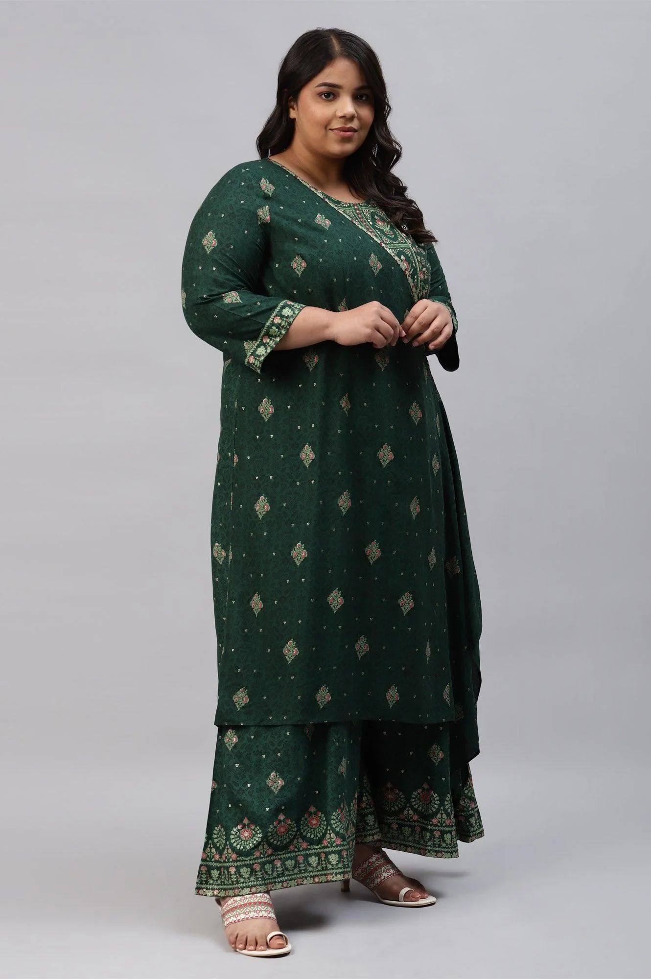 Green Glitter Printed Angrakha Plus Size Jumpsuit - Image 4