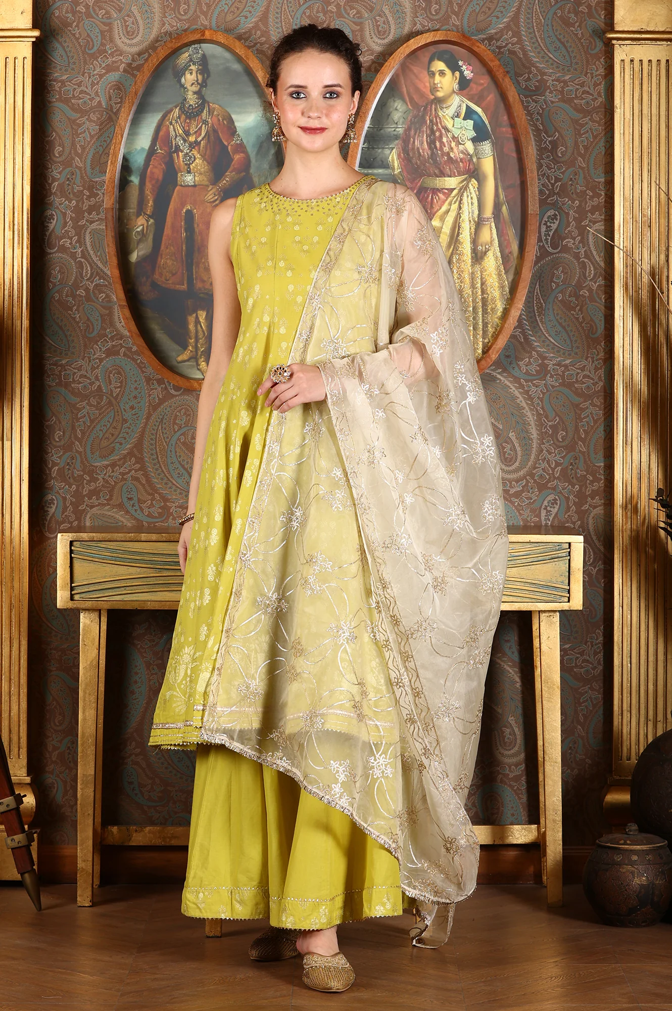 Green Glitter Printed Embellished Sleeveless Flared Kurta, Culottes And Embroidered Dupatta Set - Image 2