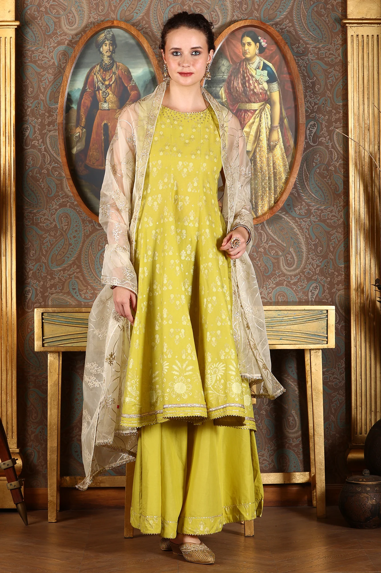 Green Glitter Printed Embellished Sleeveless Flared Kurta, Culottes And Embroidered Dupatta Set - Image 3