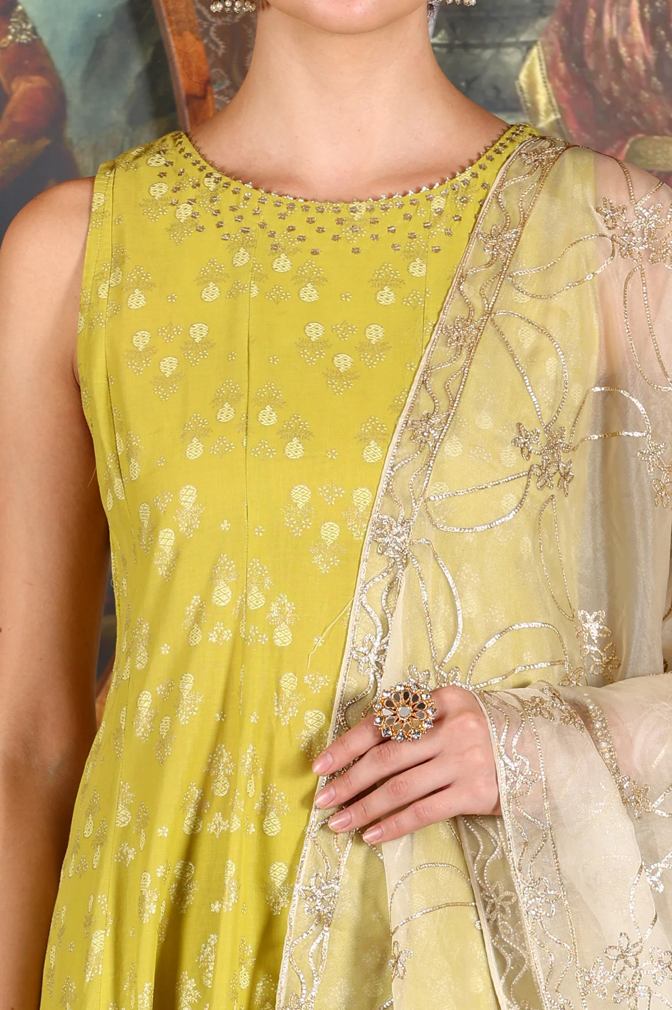 Green Glitter Printed Embellished Sleeveless Flared Kurta, Culottes And Embroidered Dupatta Set - Image 4