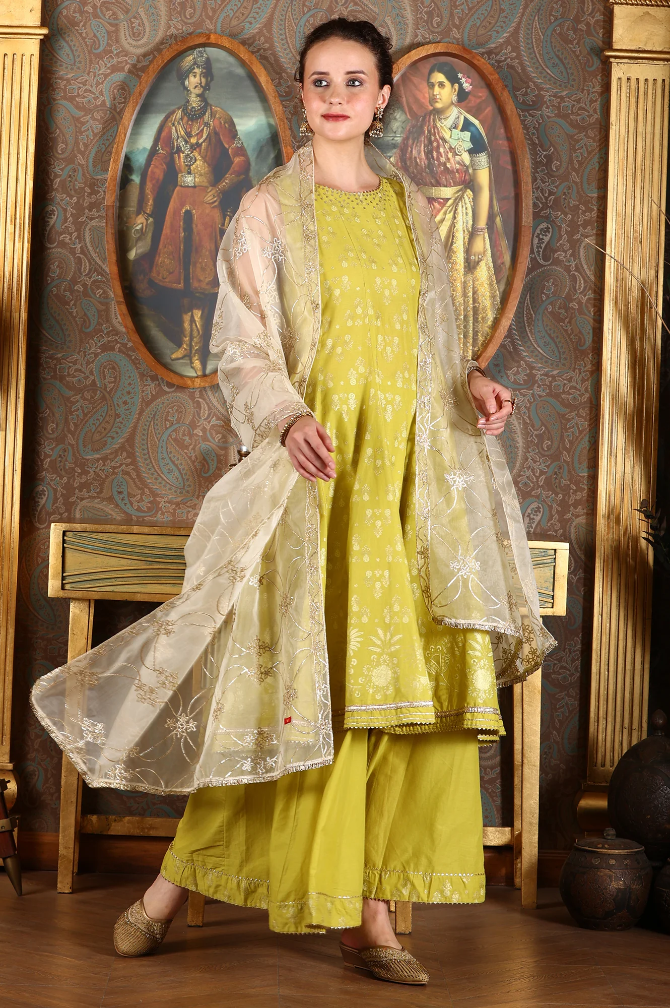 Green Glitter Printed Embellished Sleeveless Flared Kurta, Culottes And Embroidered Dupatta Set - Image 5