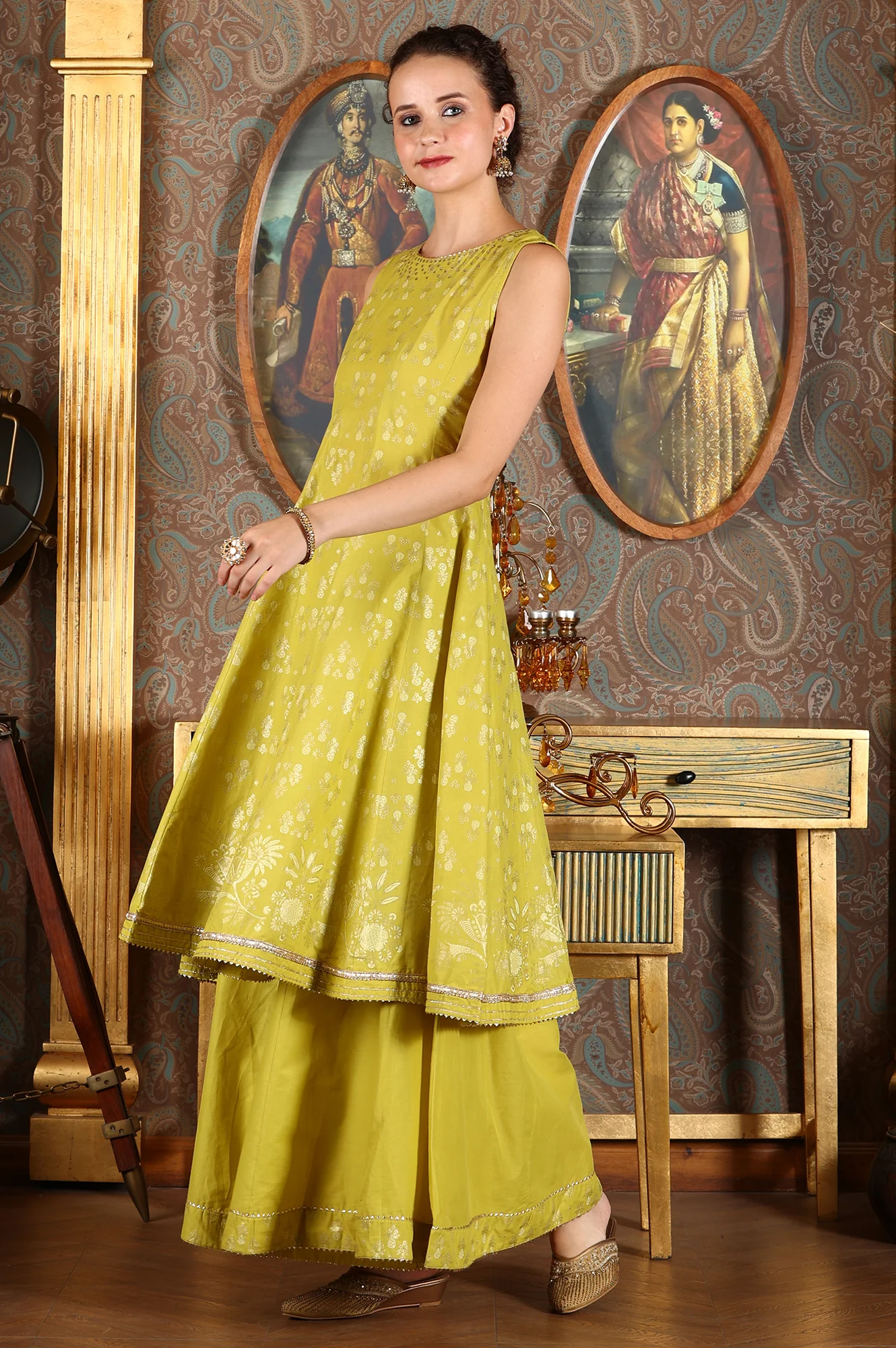 Green Glitter Printed Embellished Sleeveless Flared Kurta, Culottes And Embroidered Dupatta Set - Image 7