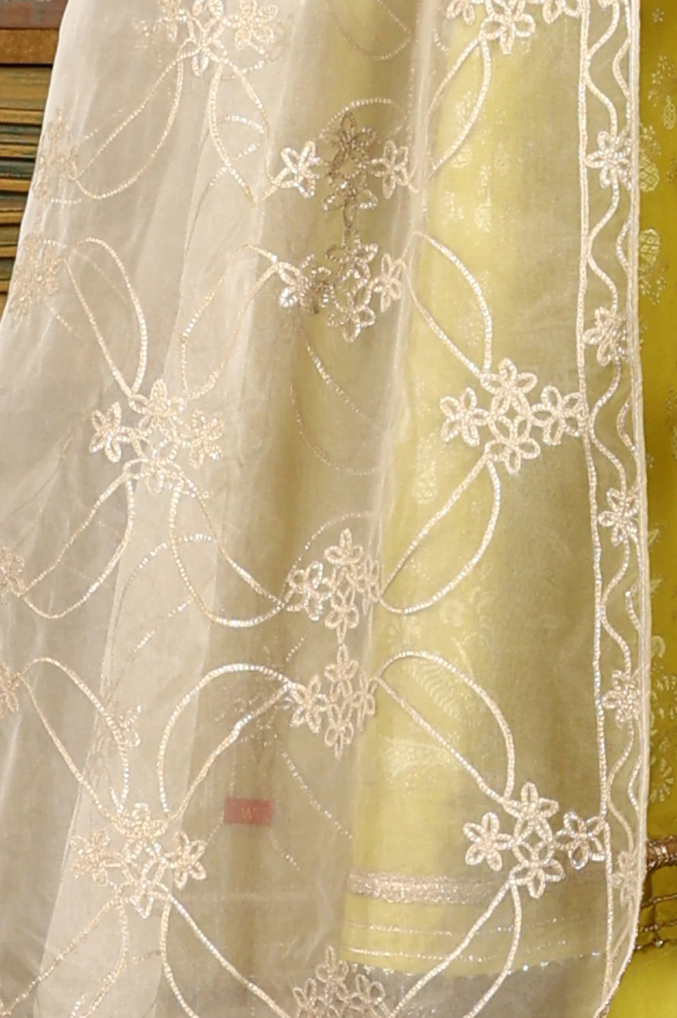 Green Glitter Printed Embellished Sleeveless Flared Kurta, Culottes And Embroidered Dupatta Set - Image 9