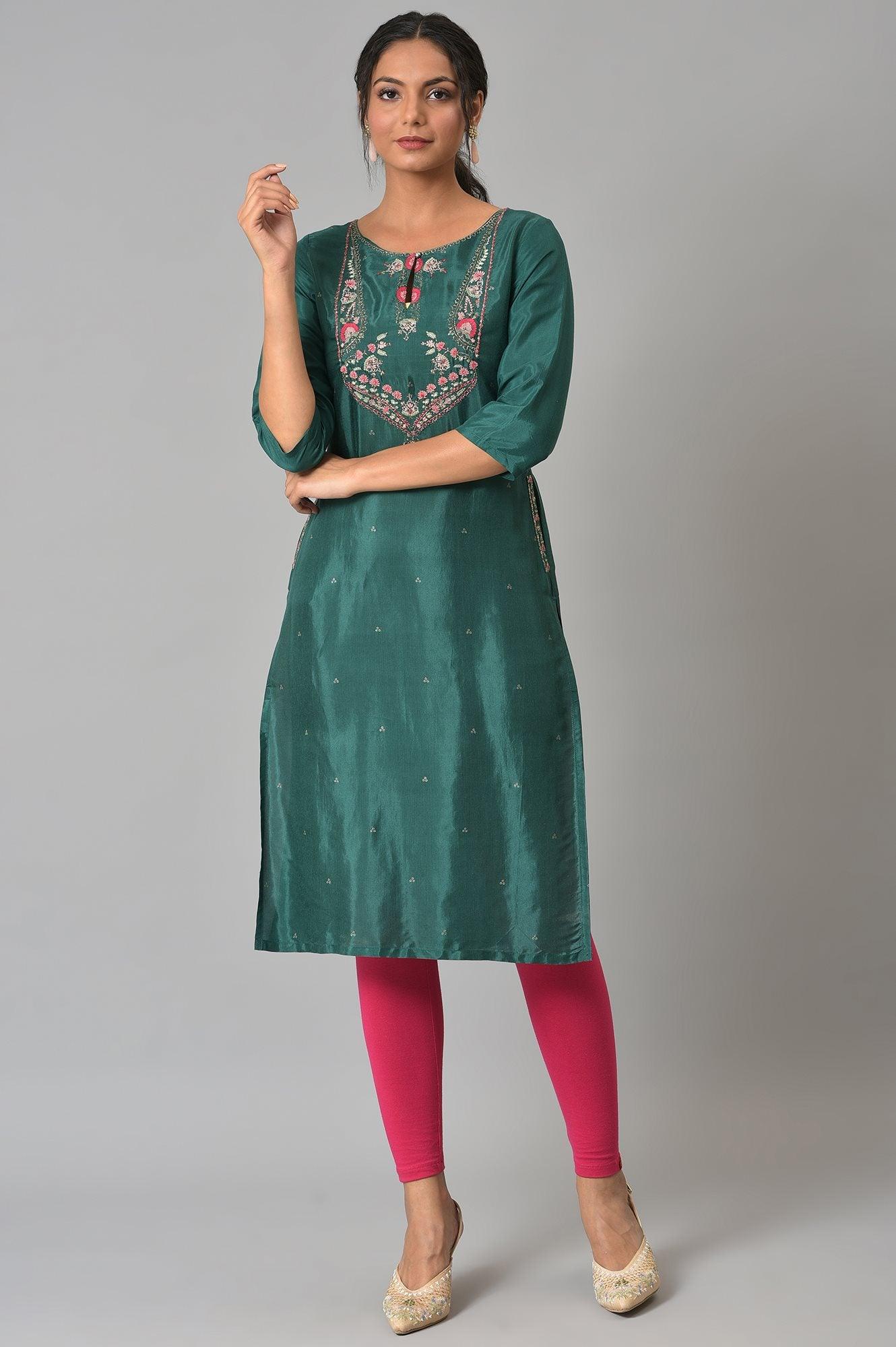 Green Glitter Printed Embroidered kurta - Image 6