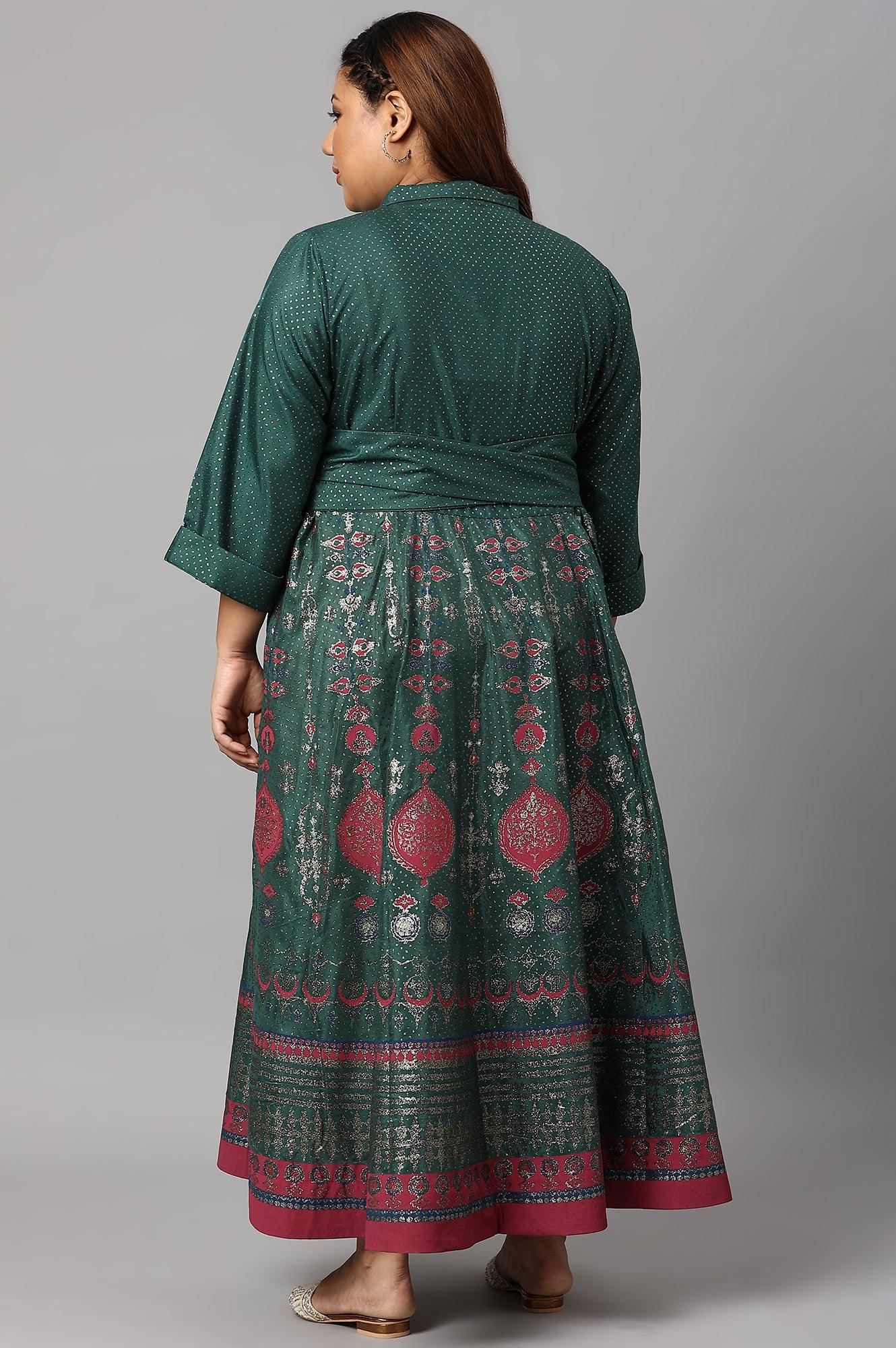 Green Glitter Printed Festive Plus Size Shirt Dress With Placket - Image 2