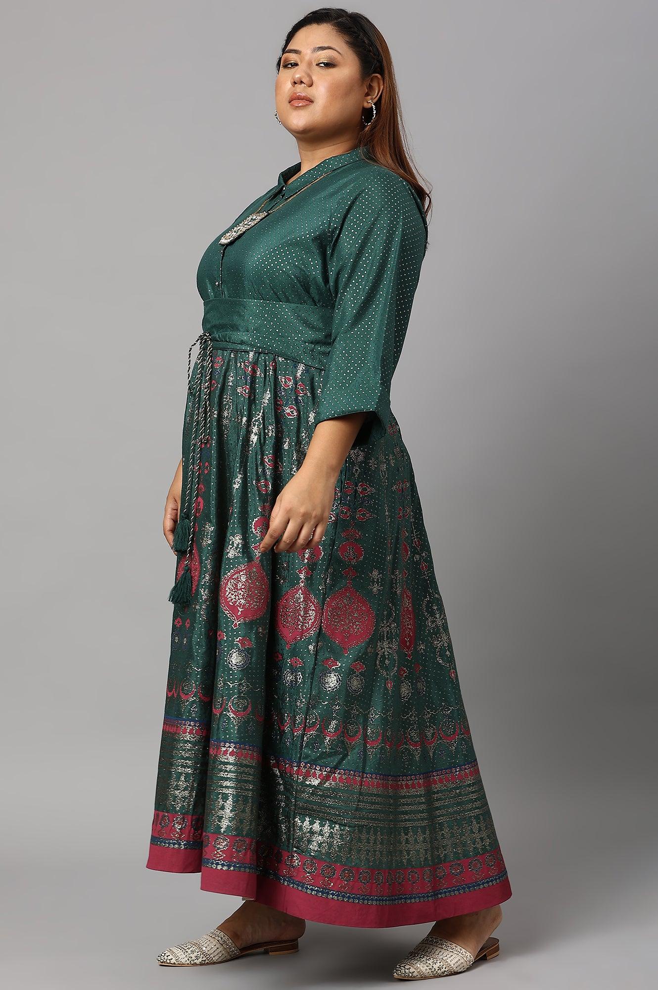 Green Glitter Printed Festive Plus Size Shirt Dress With Placket - Image 3