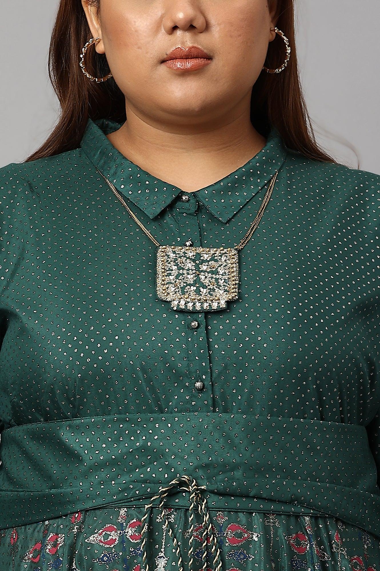 Green Glitter Printed Festive Plus Size Shirt Dress With Placket - Image 5
