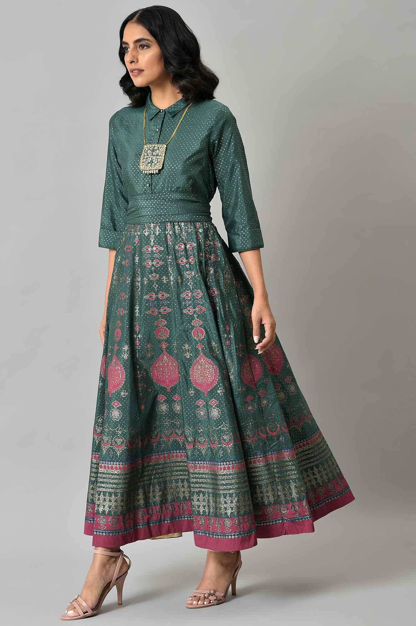 Green Glitter Printed Festive Shirt Dress With Placket - Image 4