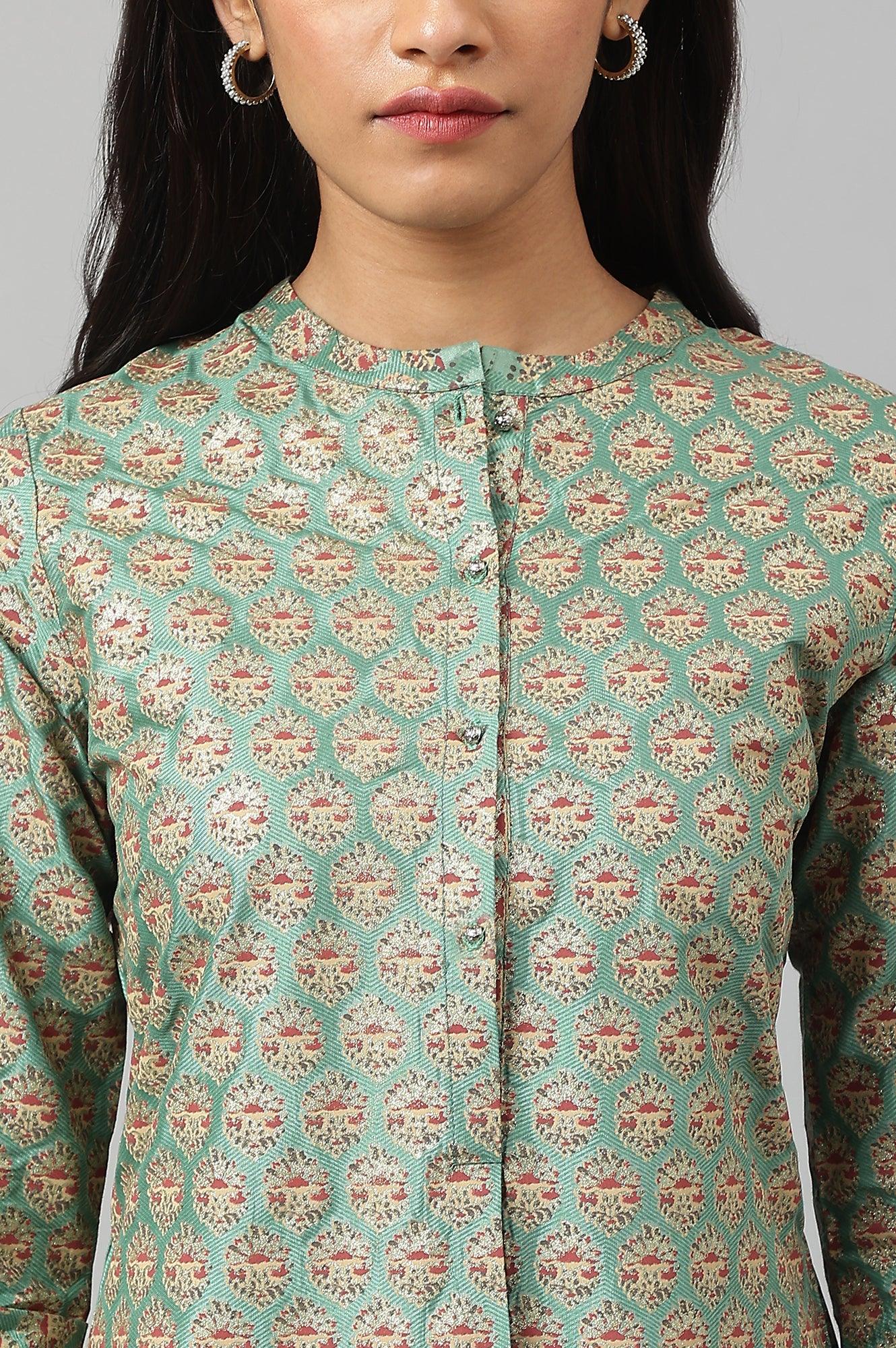Green Glitter Printed kurta In Mandarin Collar - Image 7