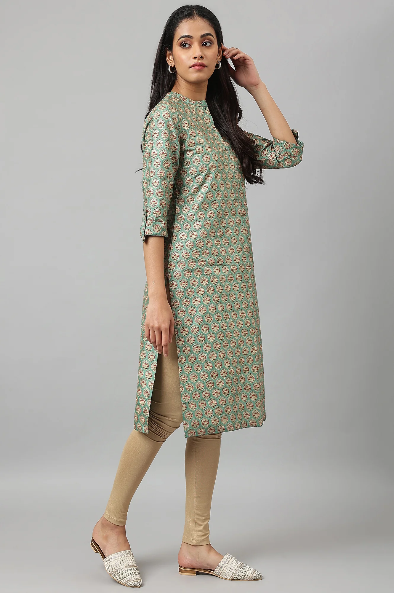 Green Glitter Printed Kurta in Mandarin Collar - Image 6