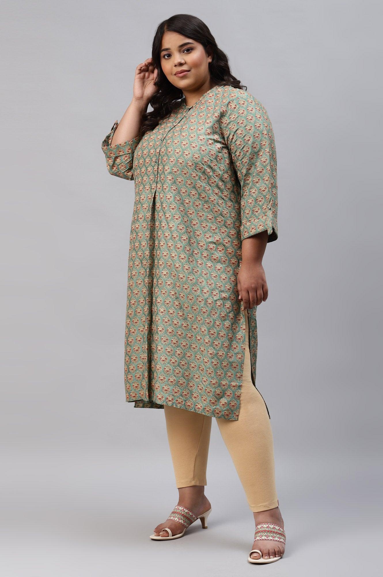 Green Glitter Printed Plus Size kurta In Mandarin Collar - Image 3