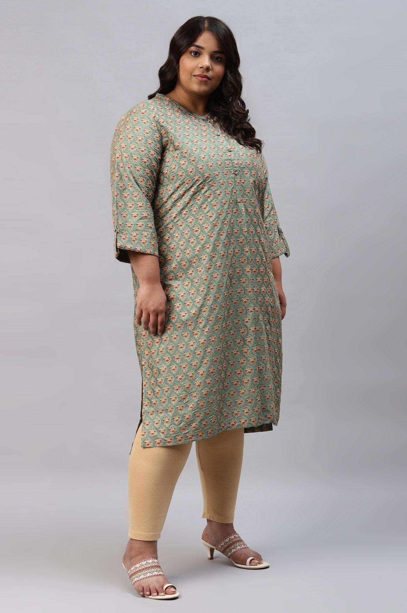 Green Glitter Printed Plus Size kurta In Mandarin Collar - Image 4