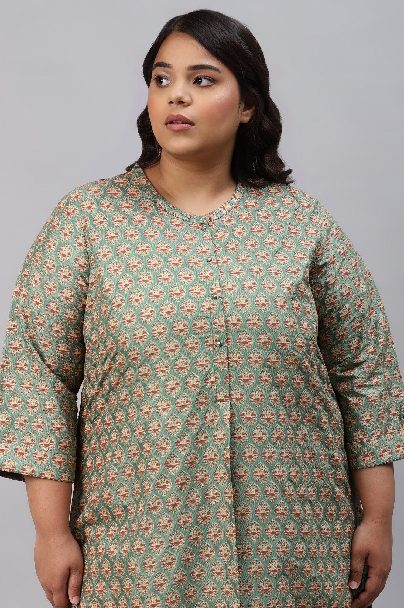 Green Glitter Printed Plus Size kurta In Mandarin Collar - Image 5