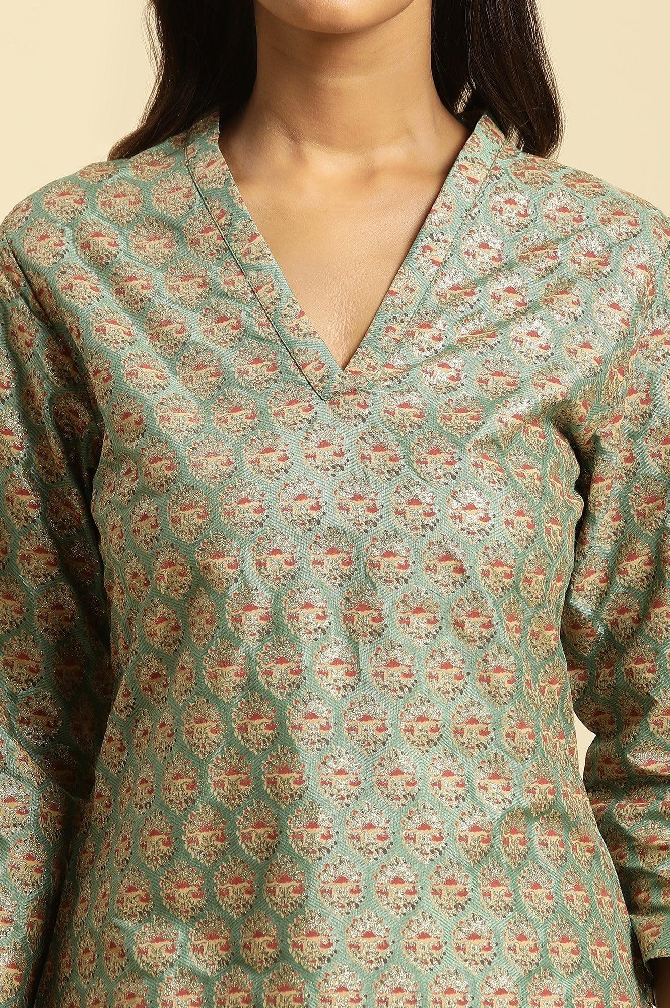 Green Glitter Printed V-Neck Kurta - Image 6