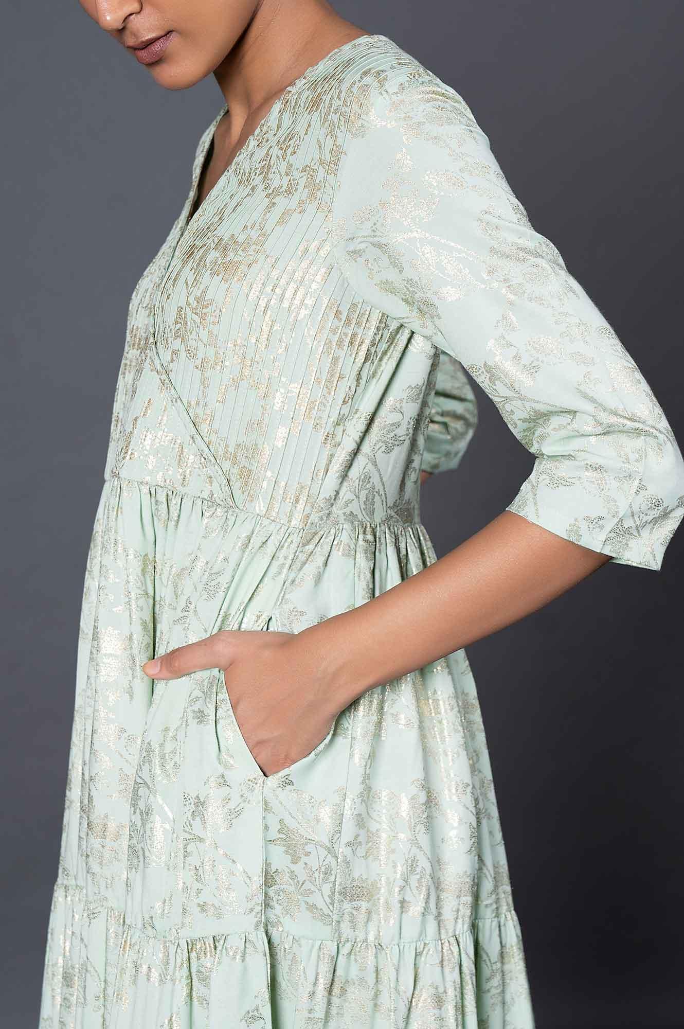 Green Gold Printed Mock Angrakha Dress - Image 7