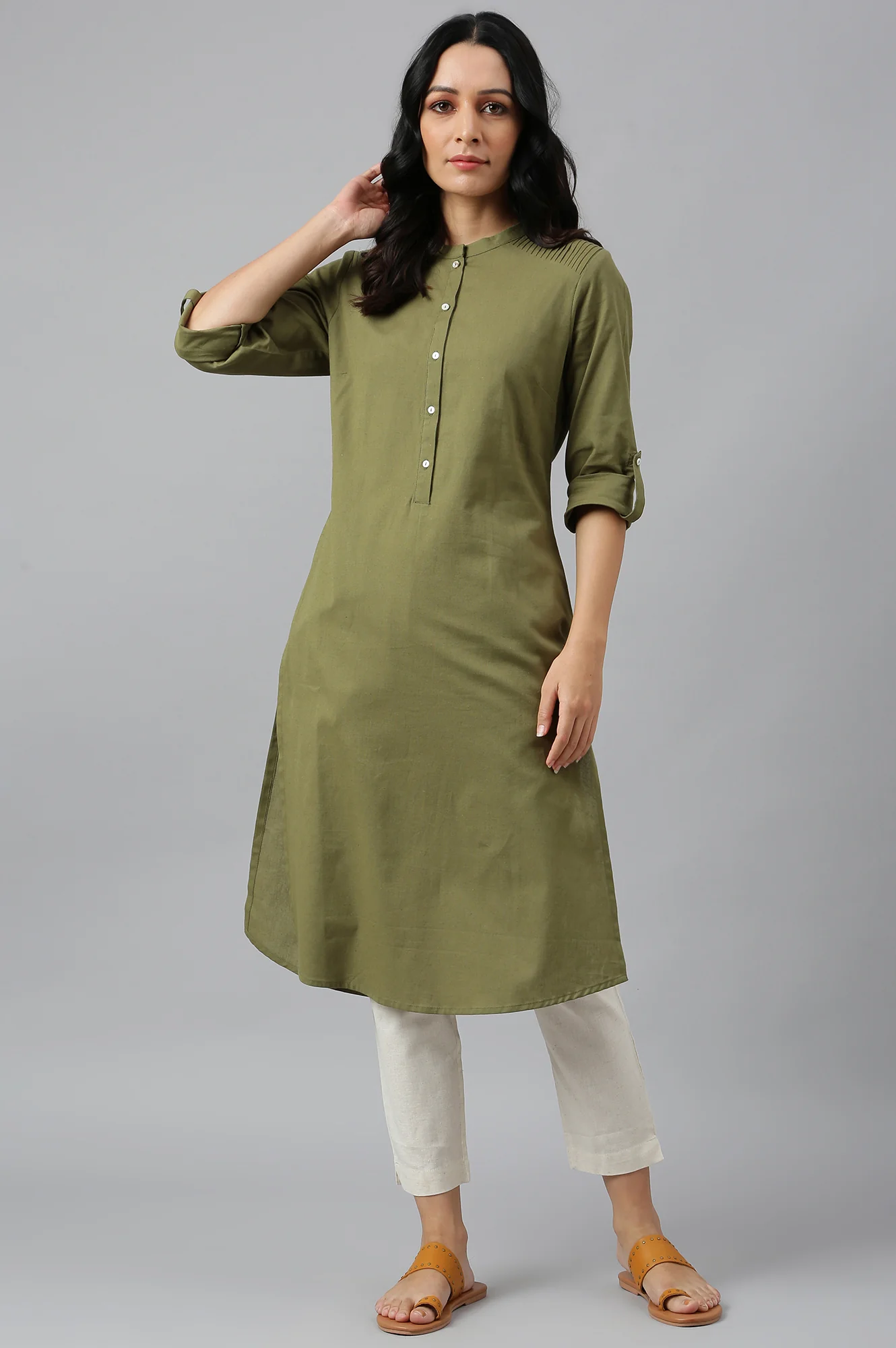 Green Half Placket Shirt kurta - Image 2
