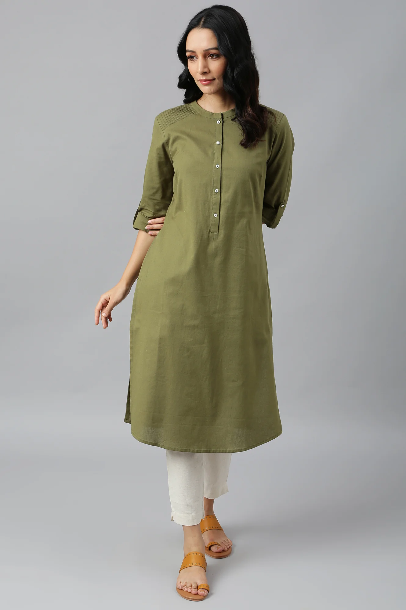 Green Half Placket Shirt kurta - Image 6