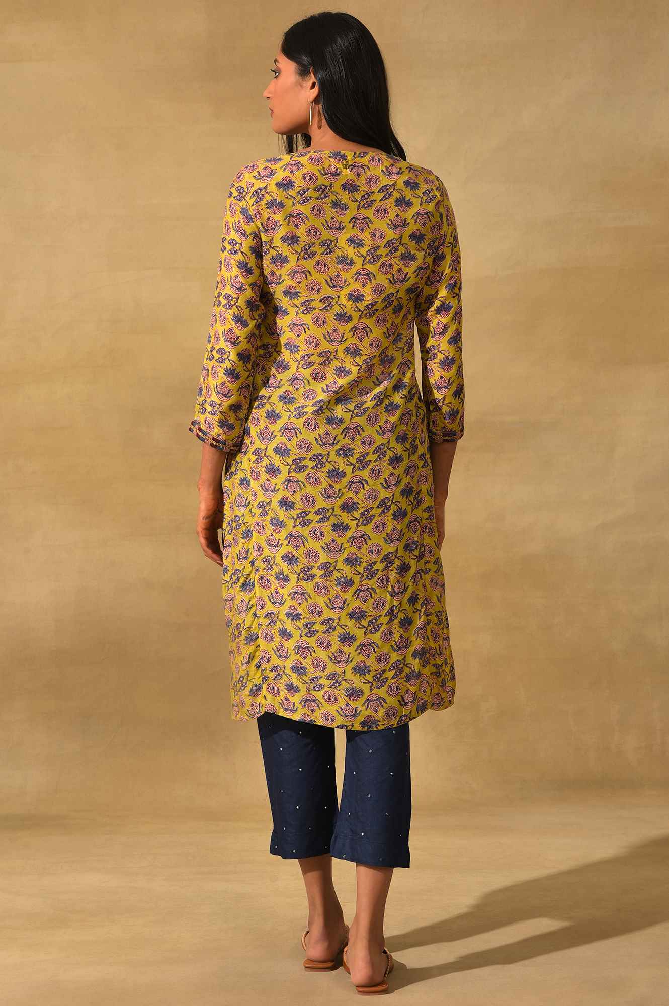 Green Hand Block Print kurta In Lyocell - Image 2