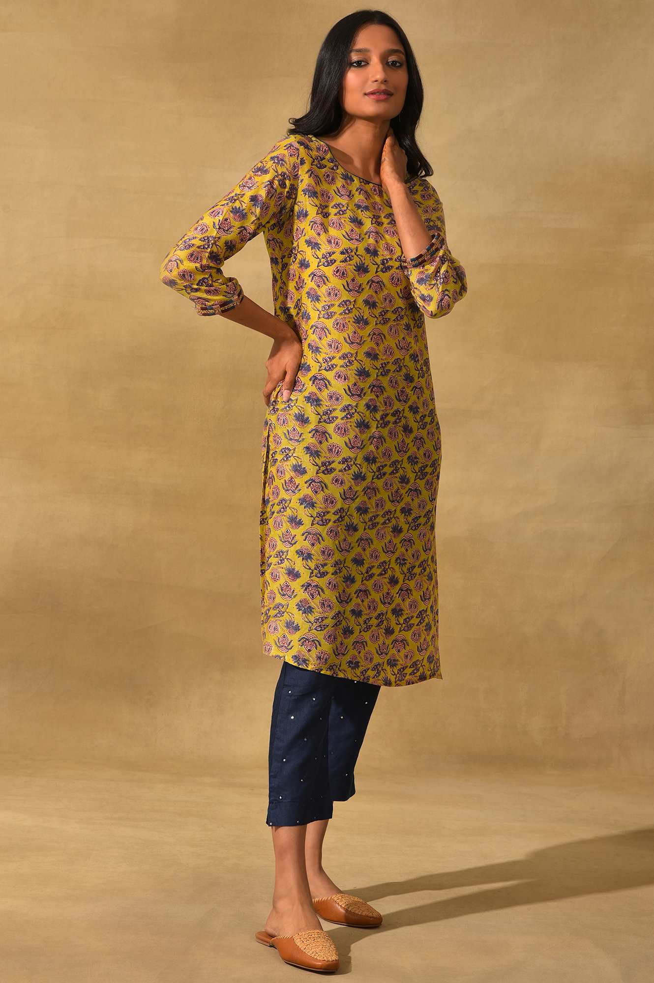Green Hand Block Print kurta In Lyocell - Image 4