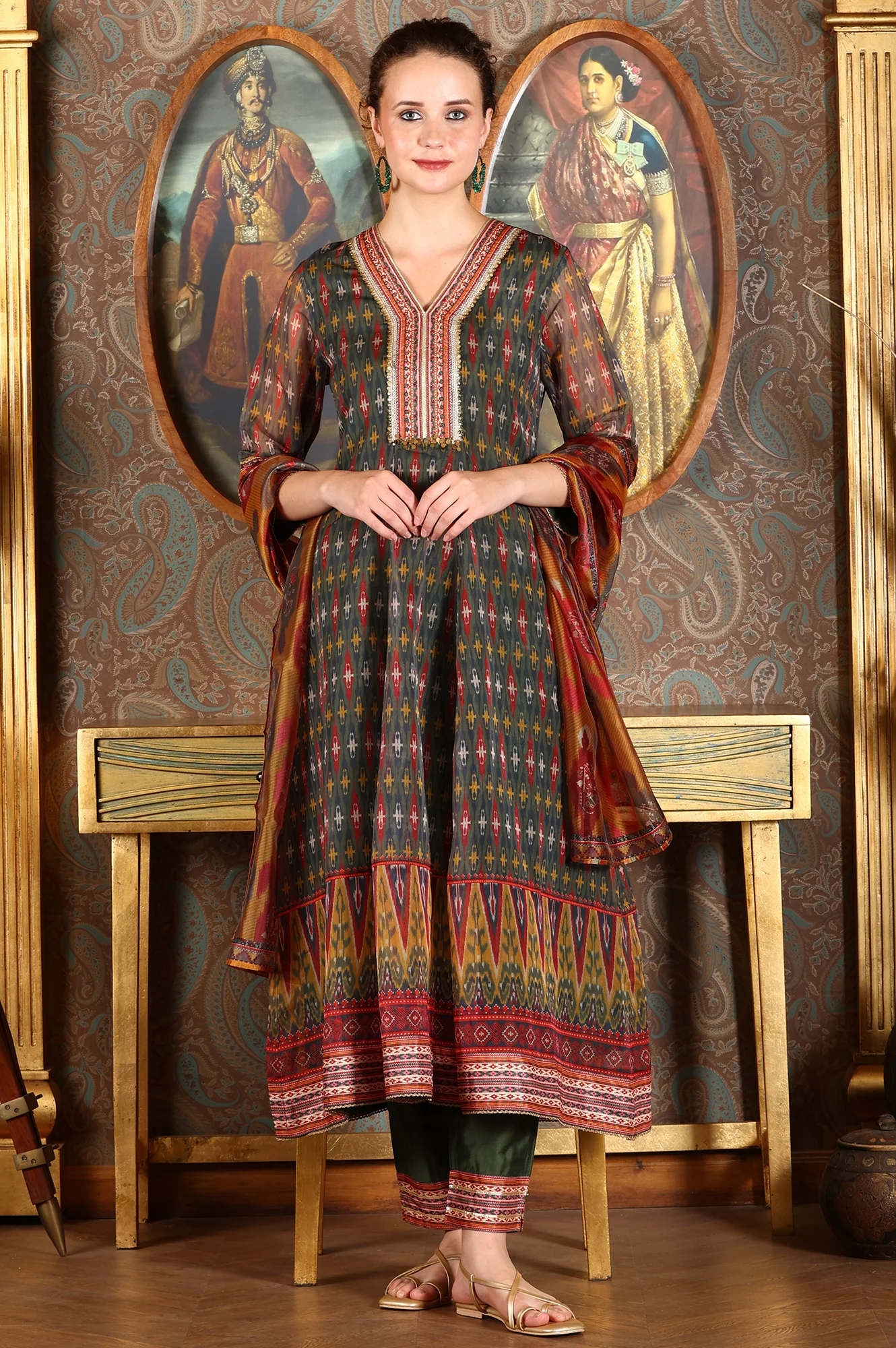 Green Ikkat Printed Embellished Organza Anarkali Kurta, Pants And Dupatta Set - Image 2