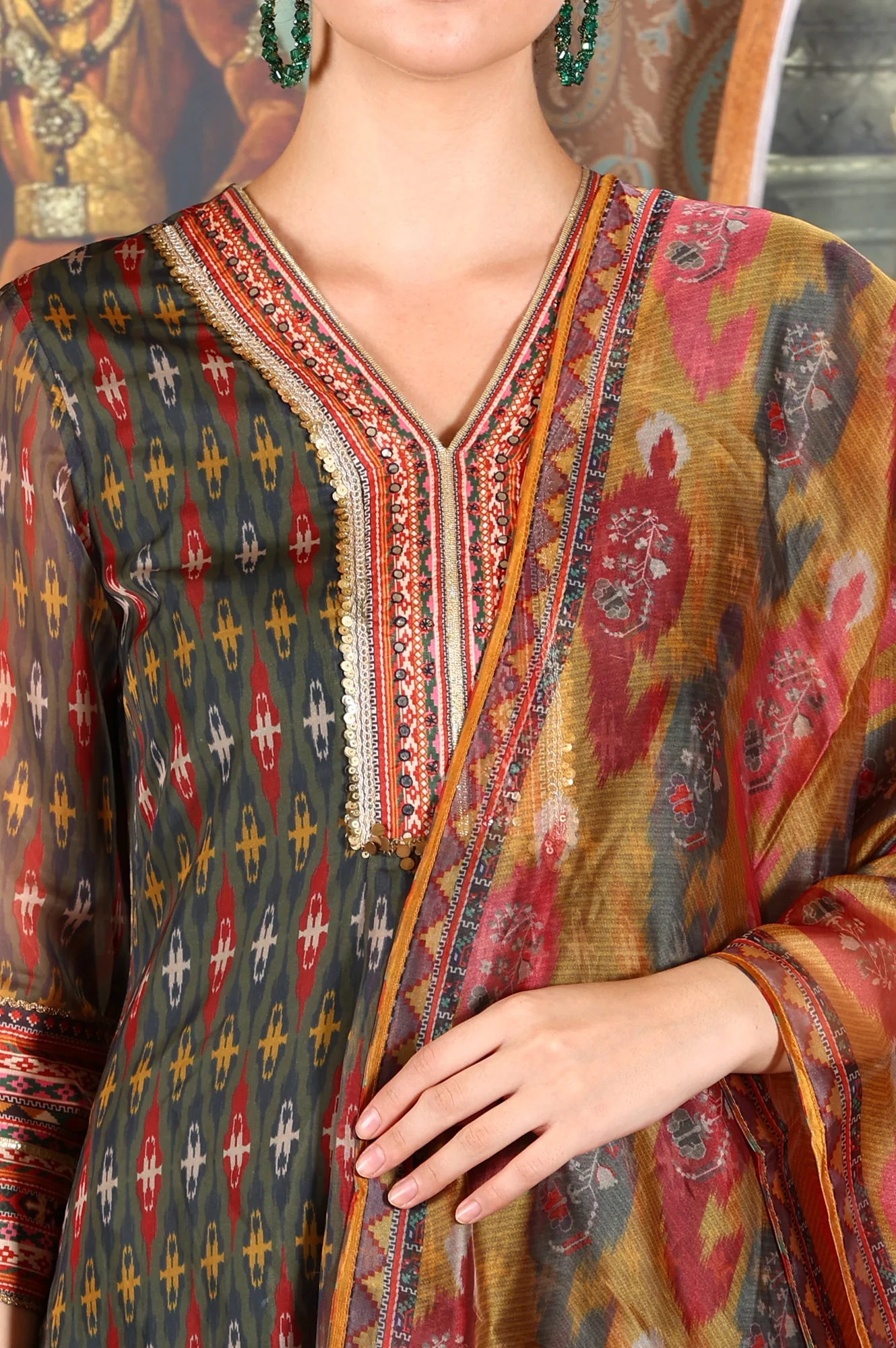 Green Ikkat Printed Embellished Organza Anarkali Kurta, Pants And Dupatta Set - Image 3
