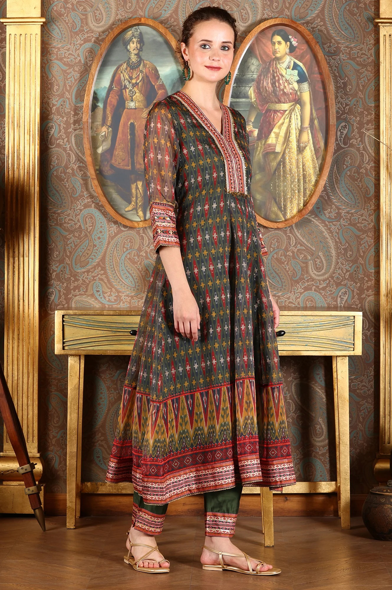 Green Ikkat Printed Embellished Organza Anarkali Kurta, Pants And Dupatta Set - Image 4