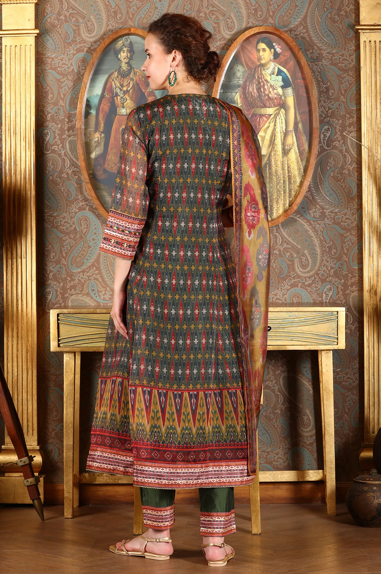 Green Ikkat Printed Embellished Organza Anarkali Kurta, Pants And Dupatta Set - Image 5
