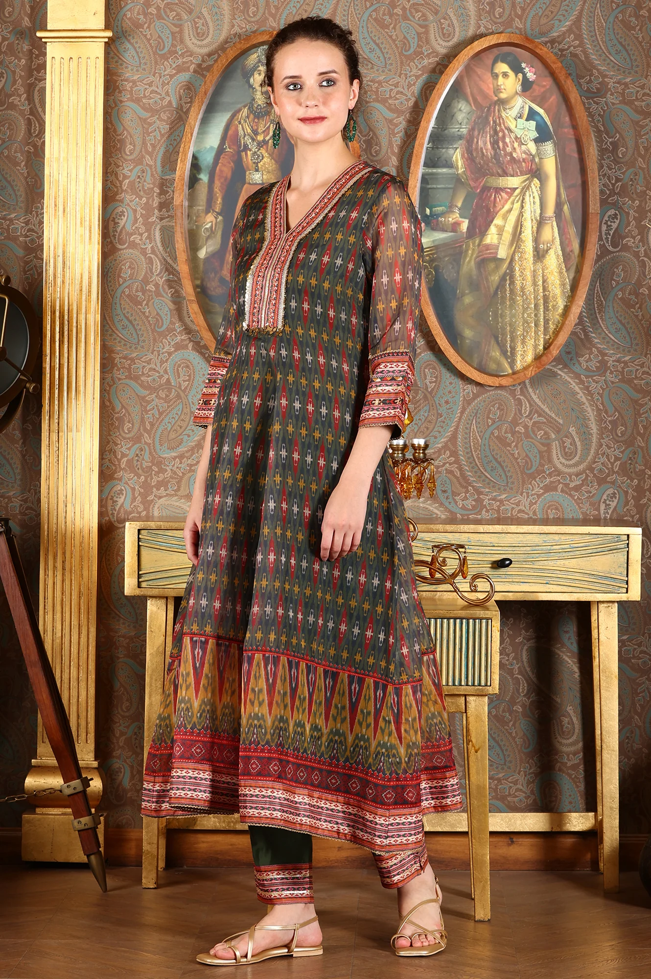 Green Ikkat Printed Embellished Organza Anarkali Kurta, Pants And Dupatta Set - Image 6