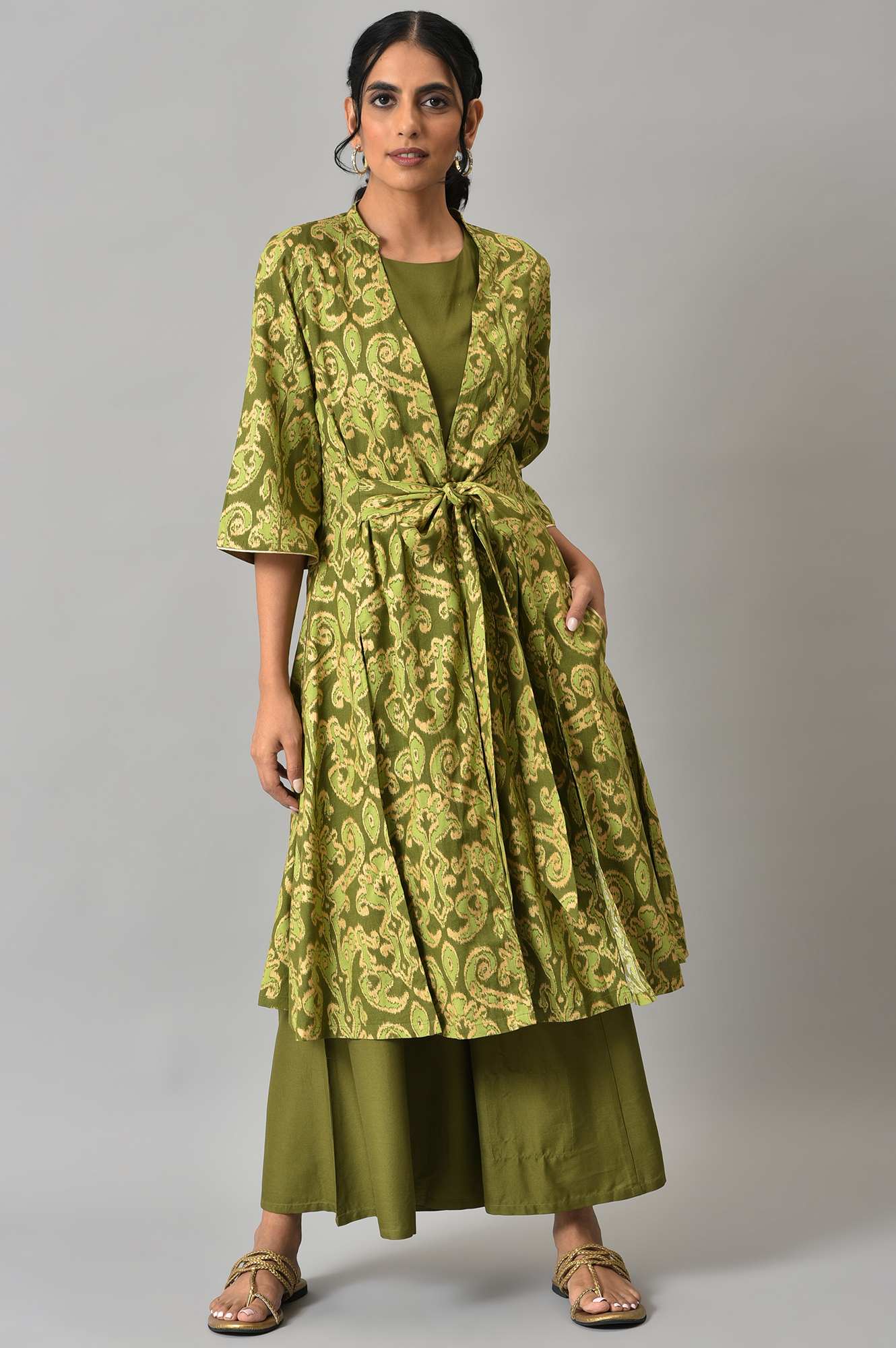 Green Ikkat Printed Jacket with Solid Green Top and Flared Pants Co-ord Set - Image 10
