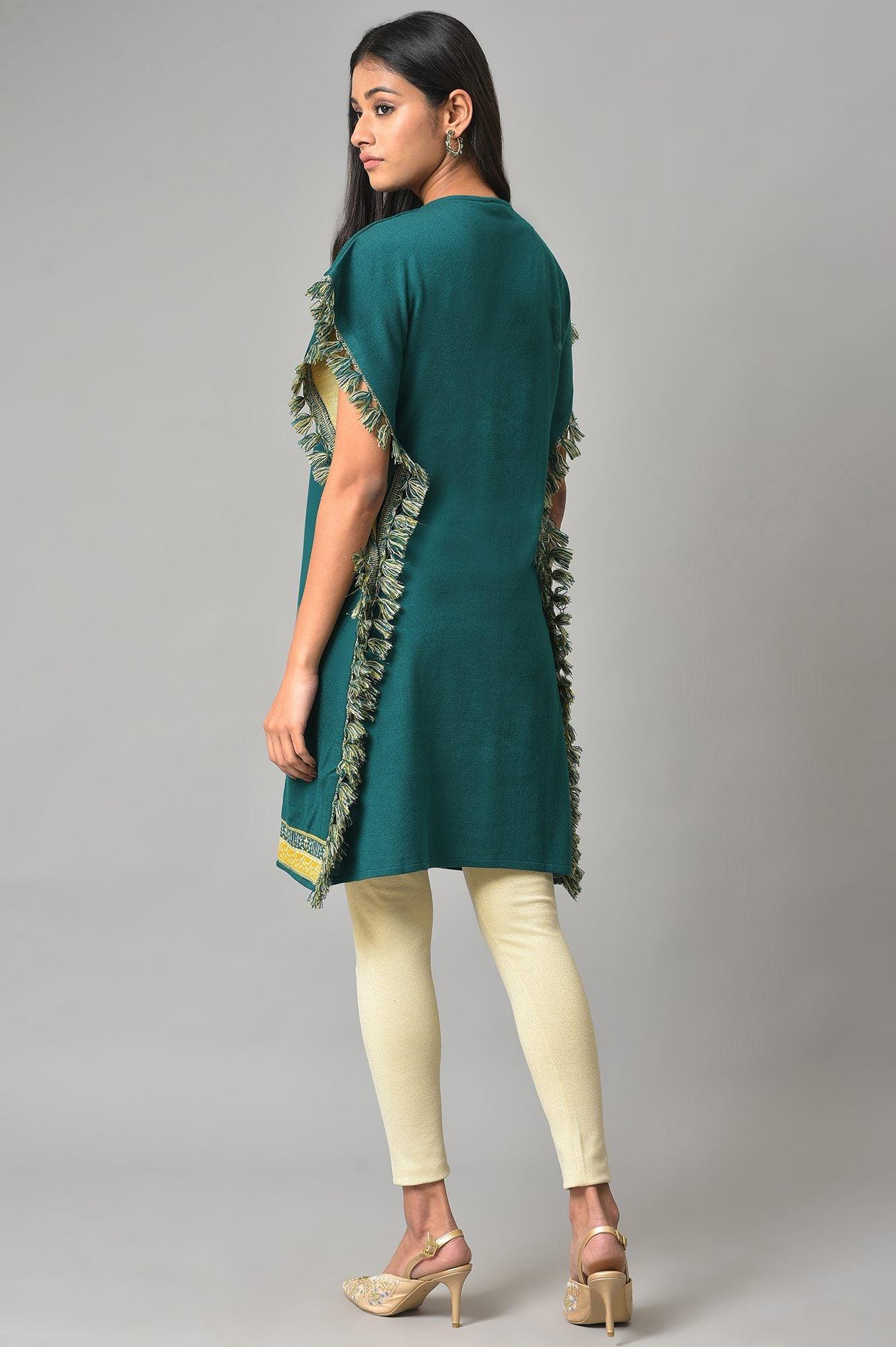 Green Jacquard Short Winter Kaftan kurta - Image 2
