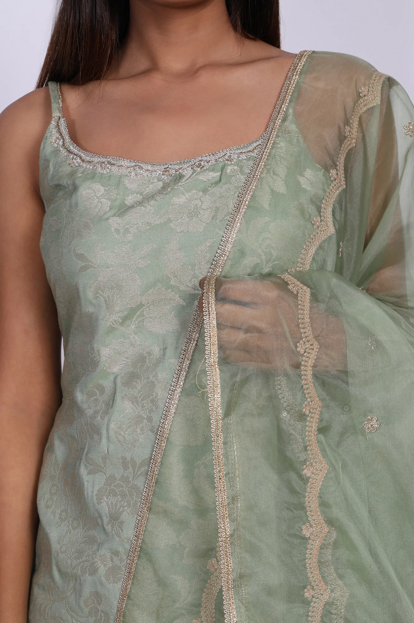 Green Jacquard Zari Straight Kurta with Sharara and Dupatta - Image 2