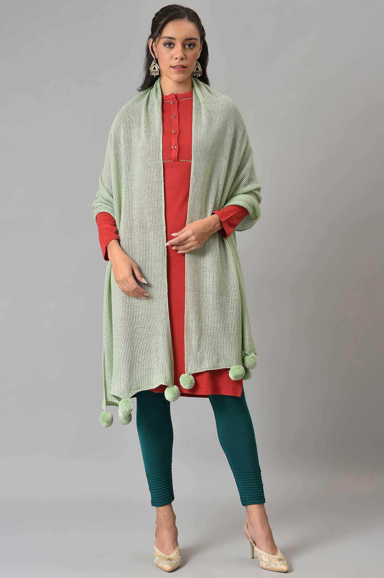 Green Knitted Pom Pom Shawl - Image 2