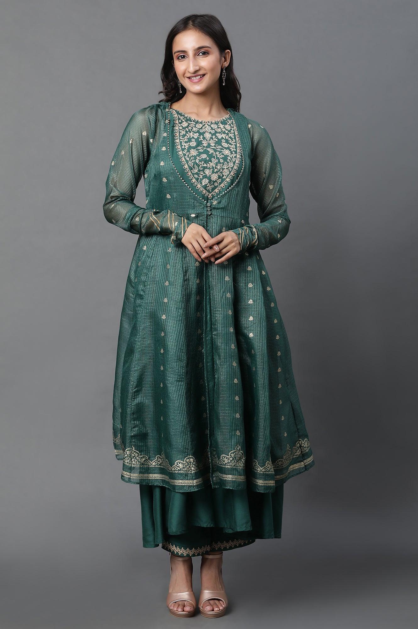 Green Layered Anarkali Kurta and Slim Pant Set - Image 3