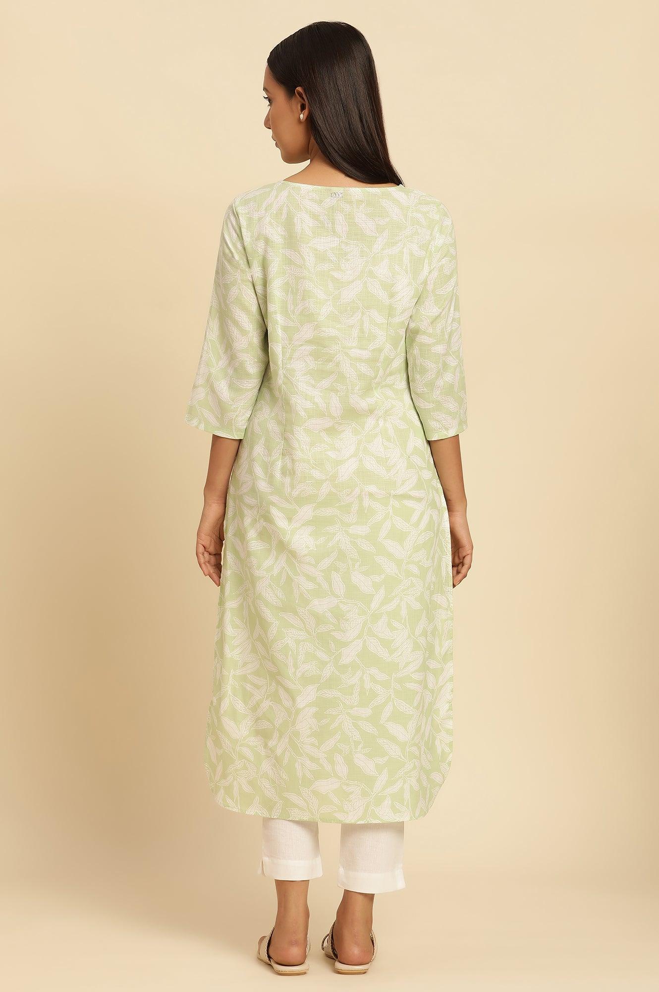 Green Leaf Printed Cotton Kurta - Image 4