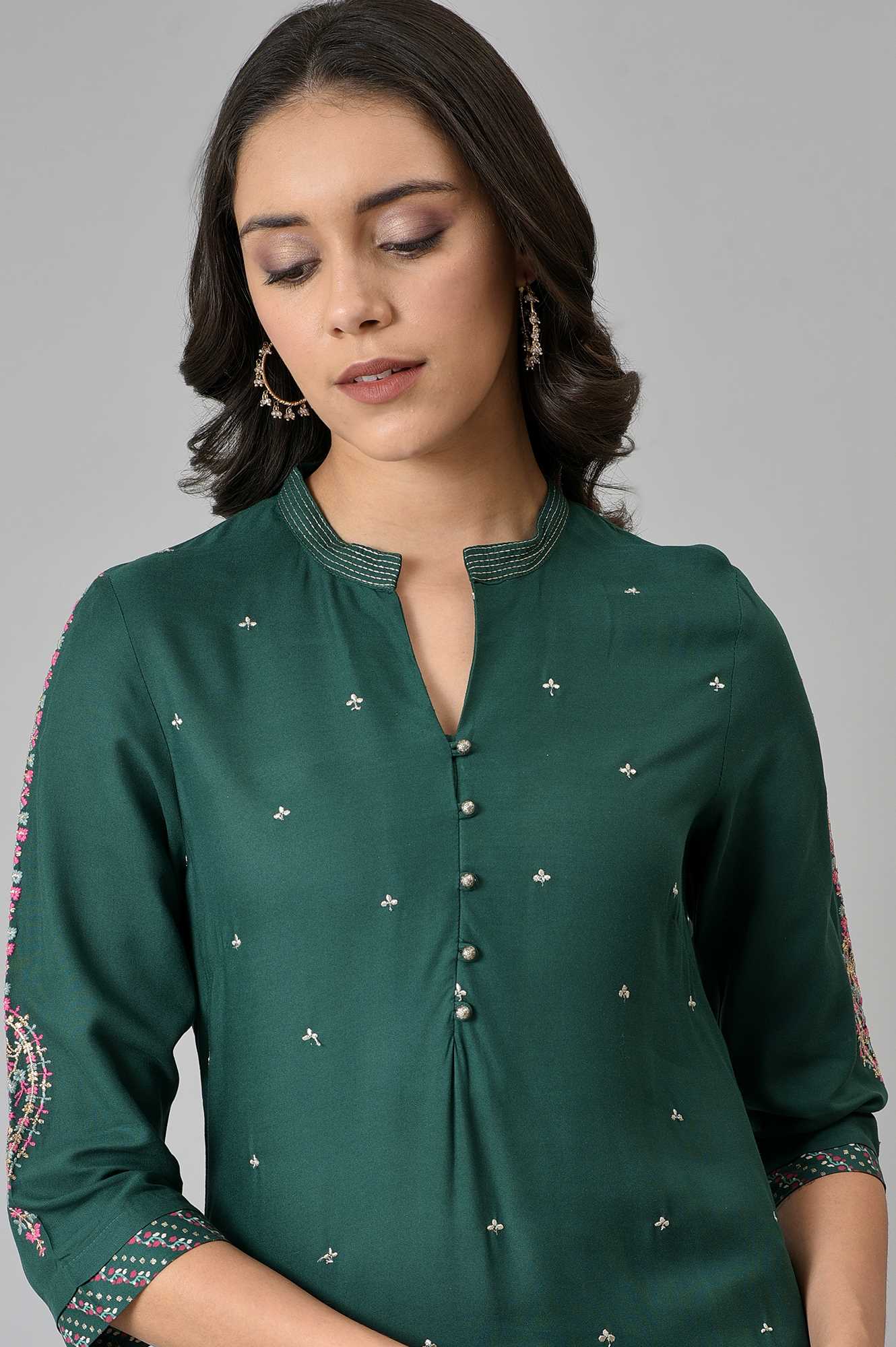 Green Metallic Embroidered Button Down kurta - Image 6