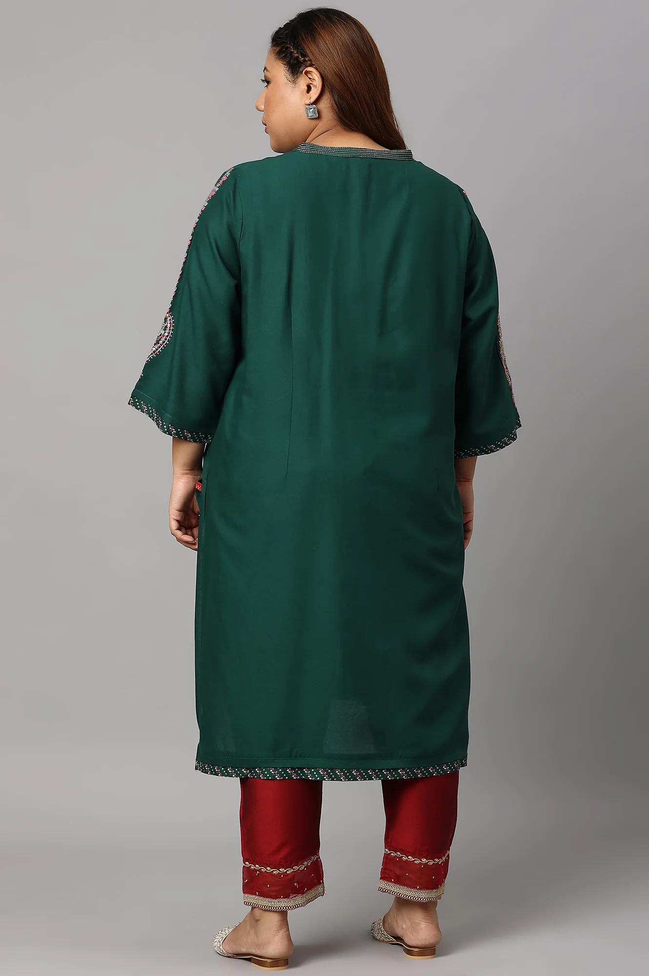 Green Metallic Embroidered Button Down Plus Size kurta - Image 2