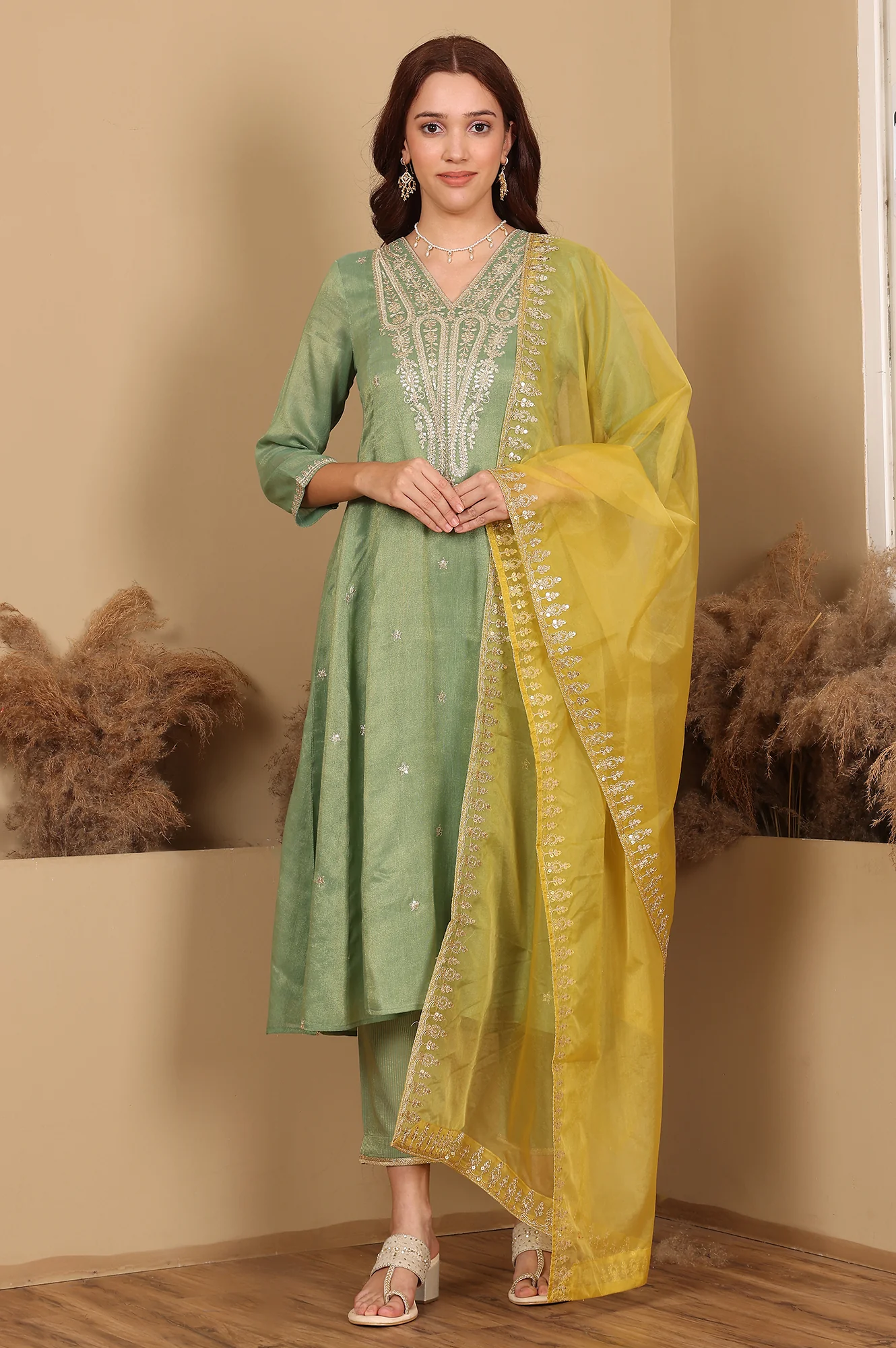 Green Metallic Embroidered Tissue Flared Kurta, Pants And Dupatta Set - Image 3