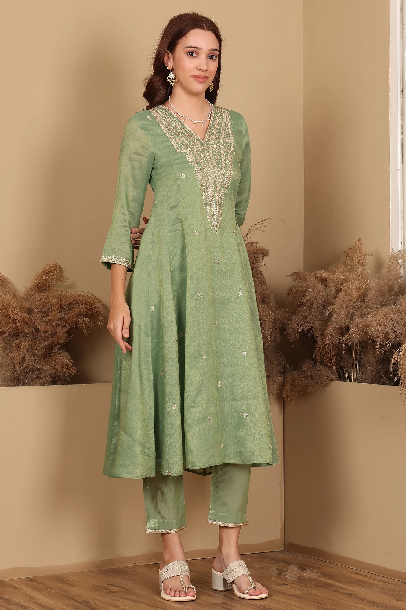 Green Metallic Embroidered Tissue Flared Kurta, Pants And Dupatta Set - Image 5