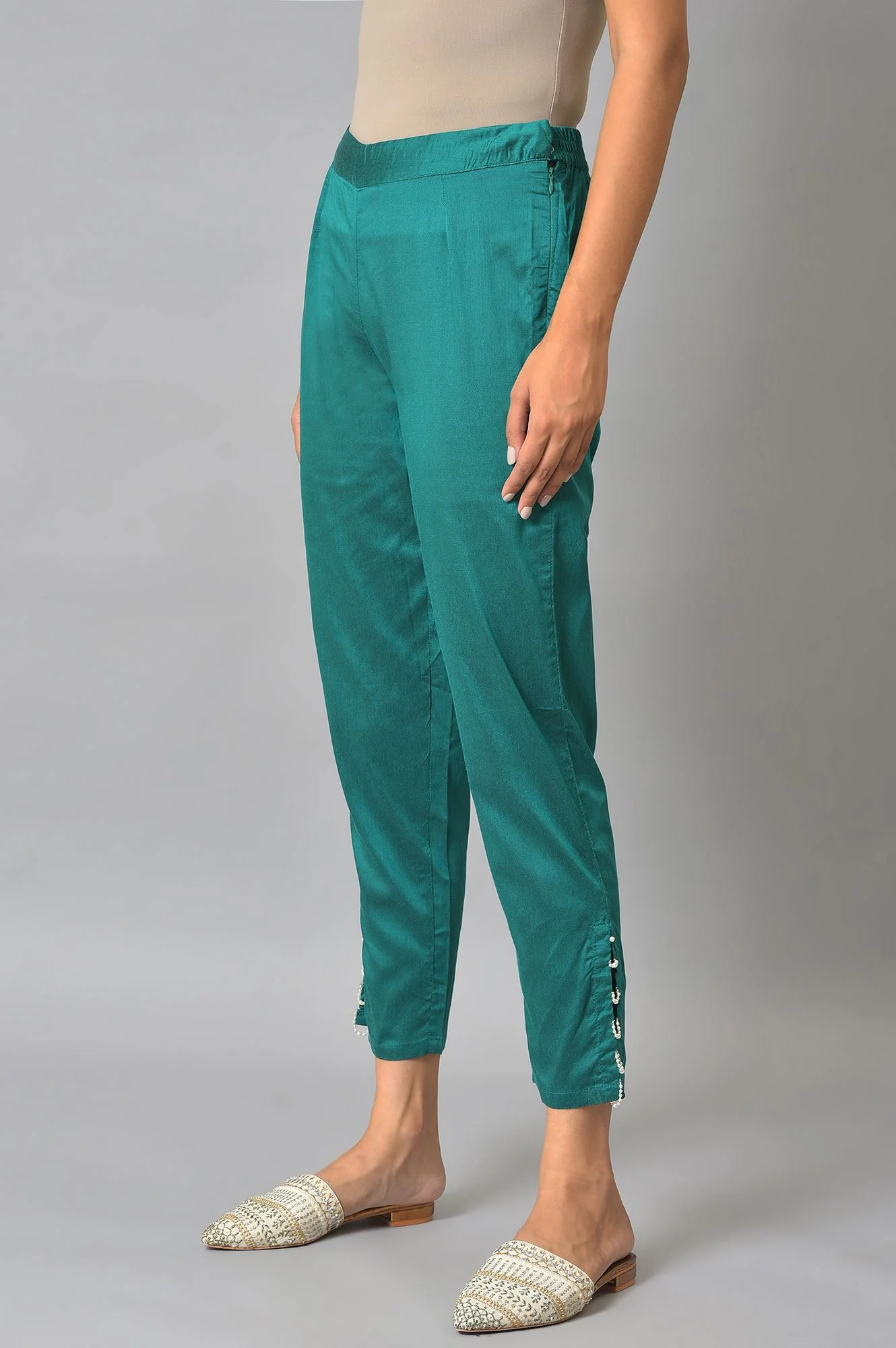 Green Metallic Embroidery Straight Kurta and Slim Pant Set - Image 4