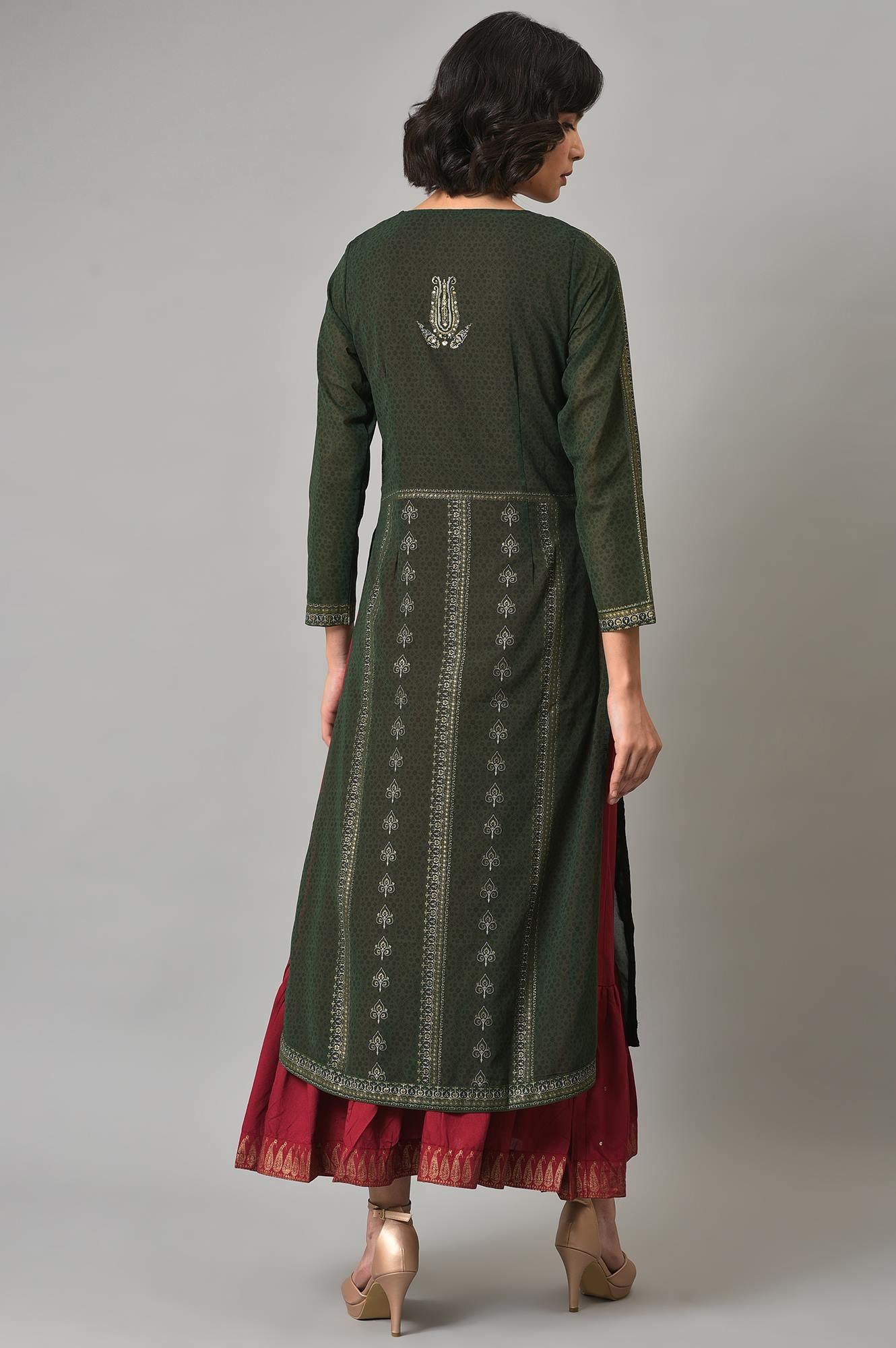 Green Mock Angrakha Gillet With Maroon Tiered Dress - Image 2