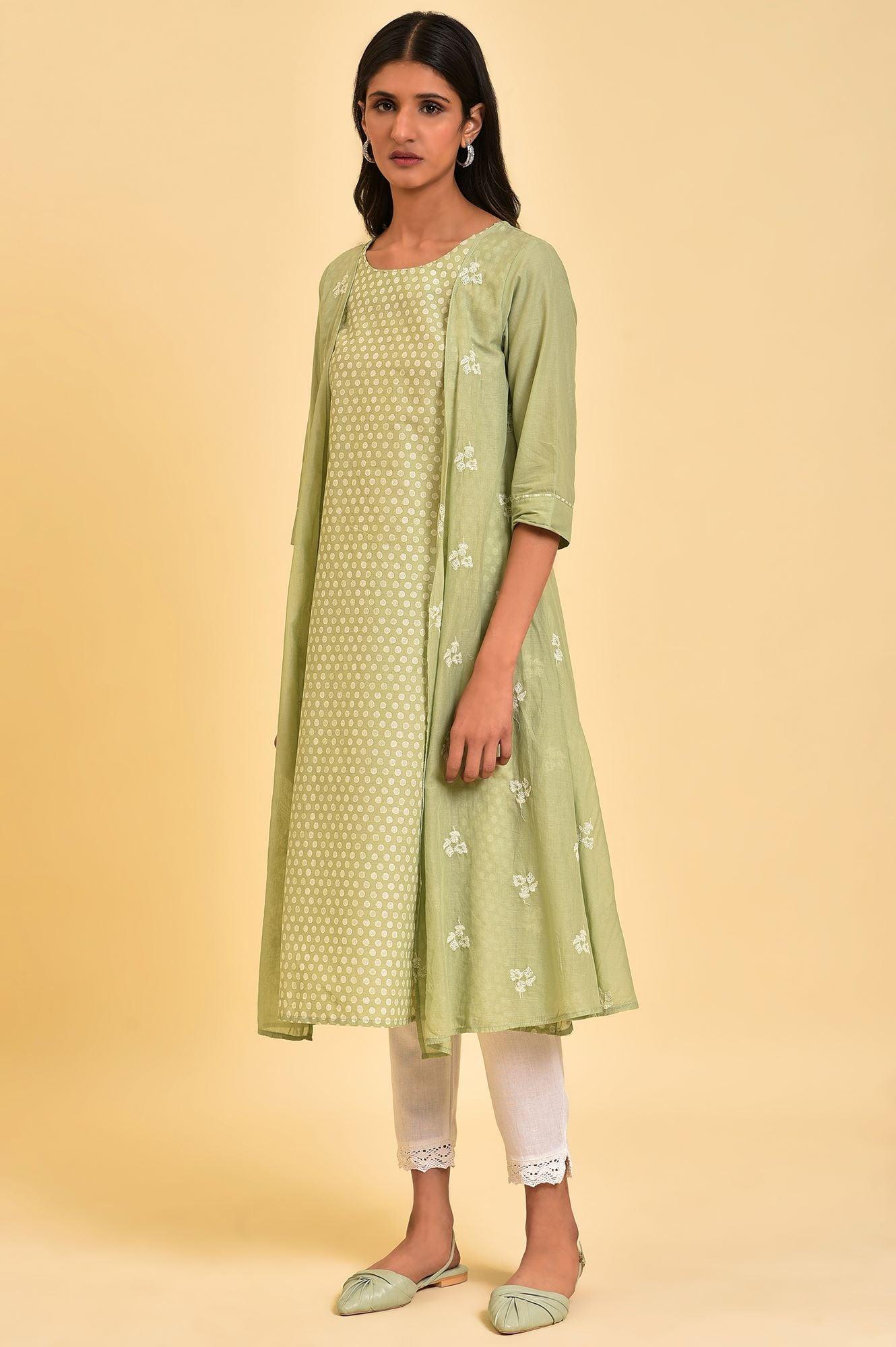 Green Mock Layered Embroidered kurta - Image 3