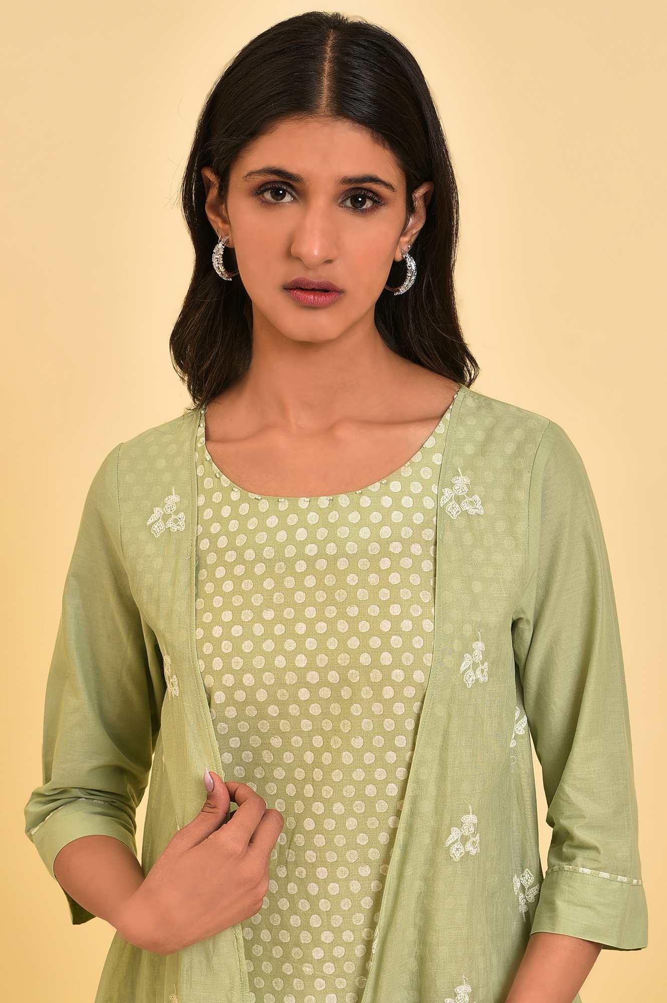 Green Mock Layered Embroidered kurta - Image 5