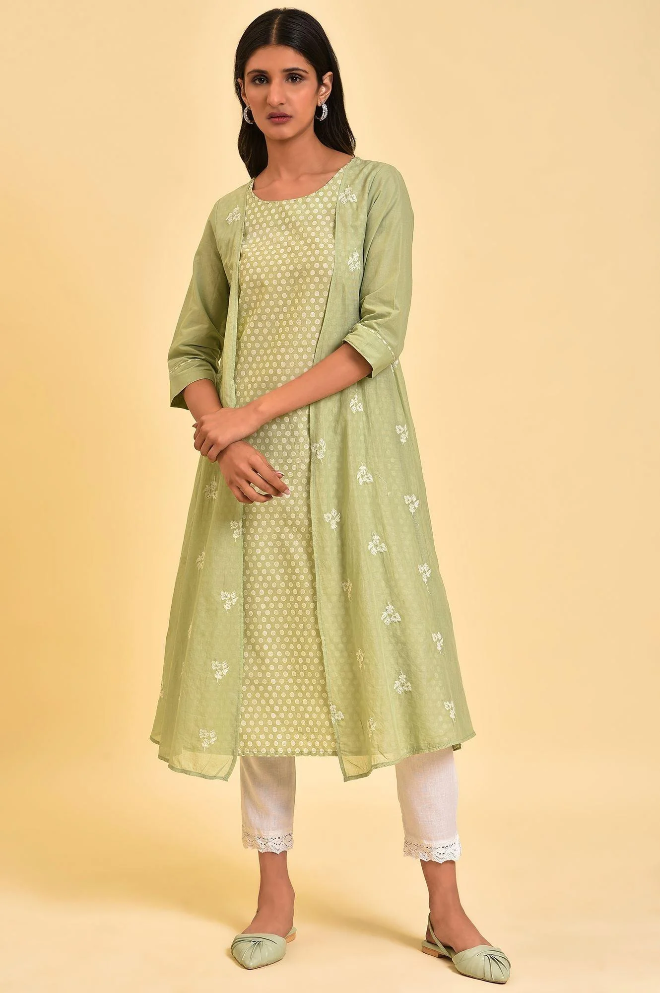 Green Mock Layered Embroidered kurta - Image 6