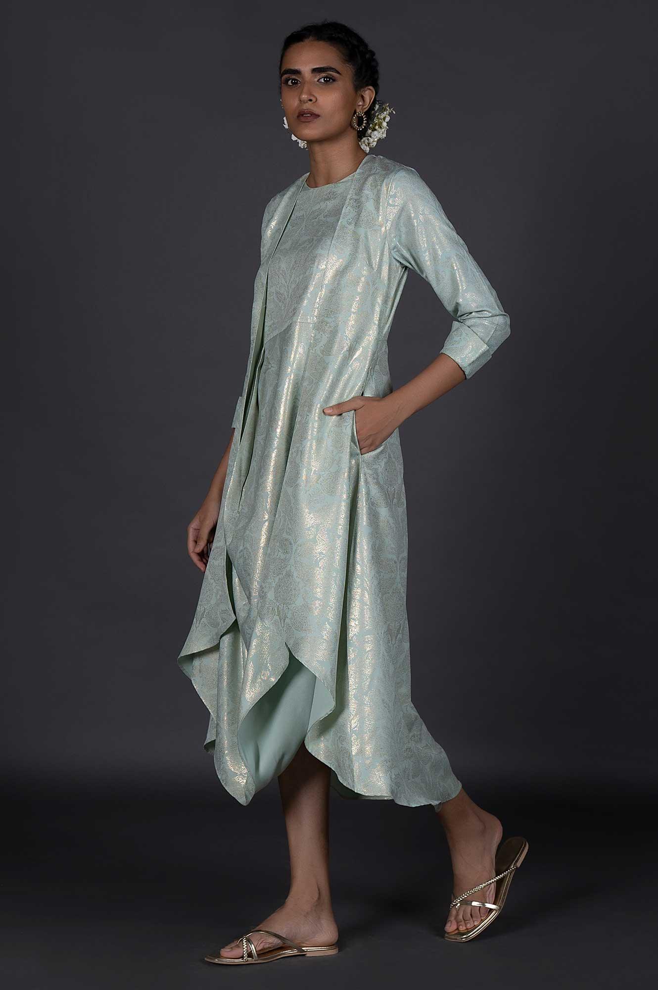 Green Mock Layered Printed Festive Viscose Cowl Dress - Image 3