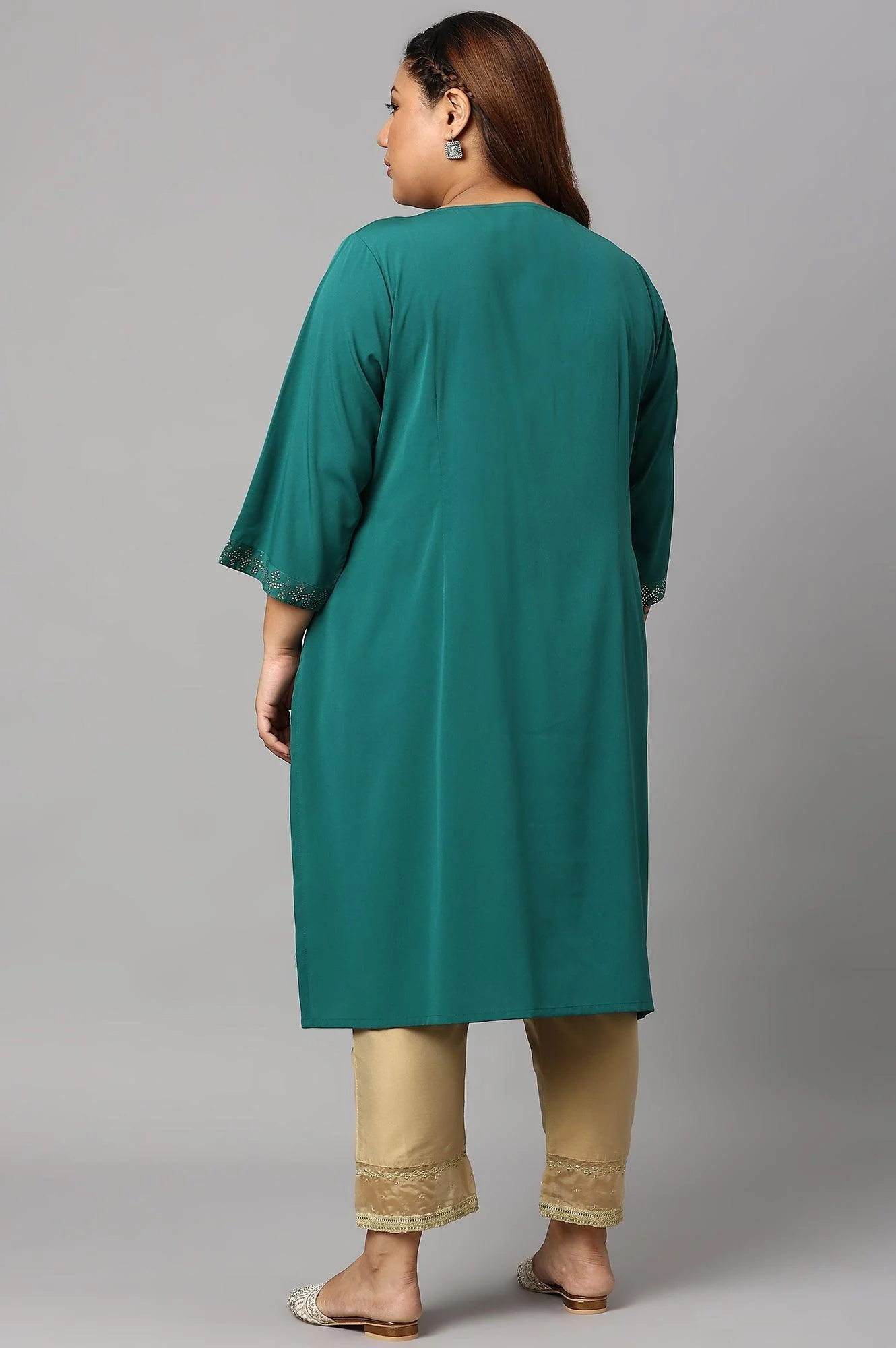 Green Mukaish Printed Layered Plus Size kurta - Image 2