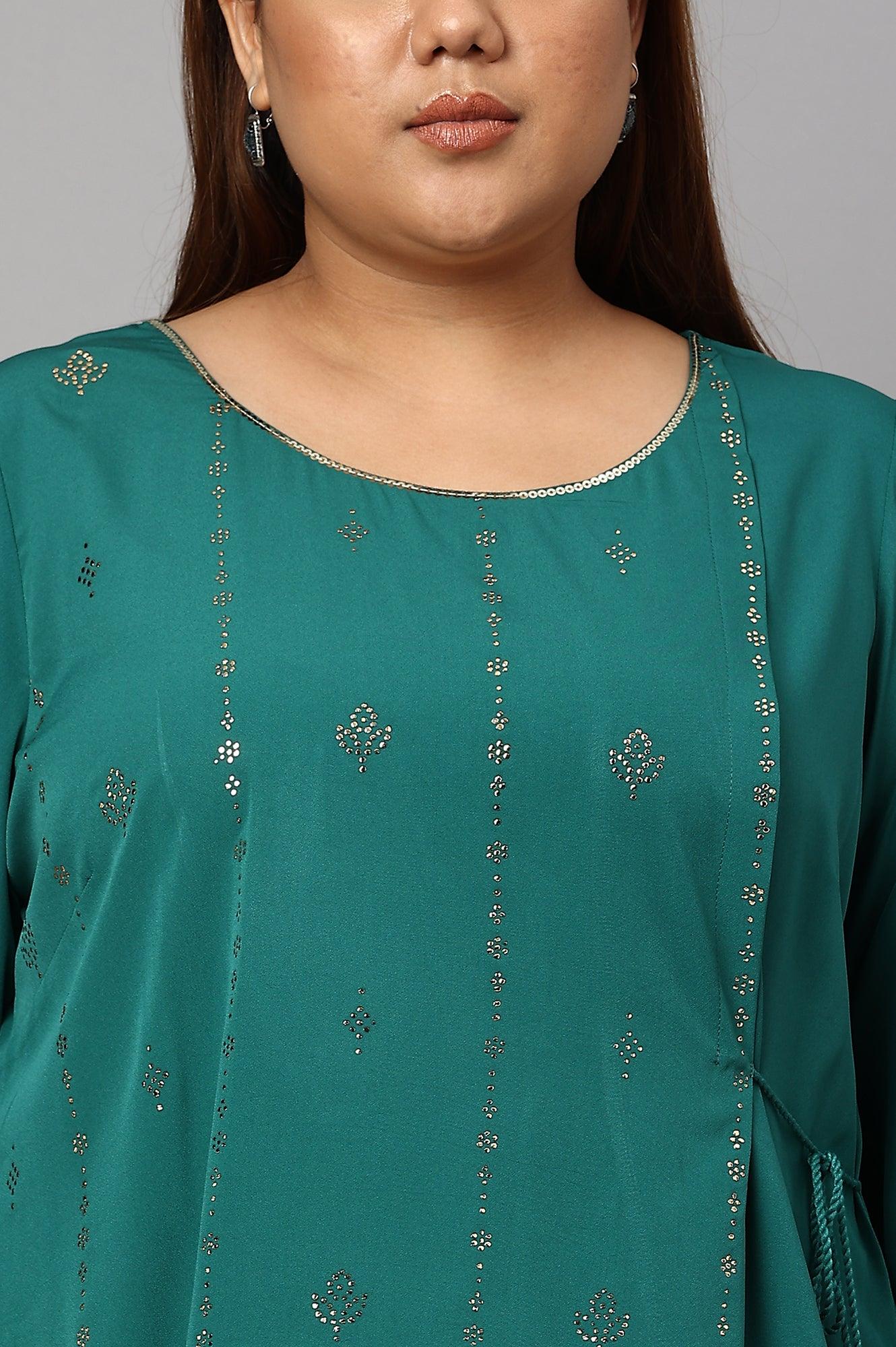 Green Mukaish Printed Layered Plus Size kurta - Image 5