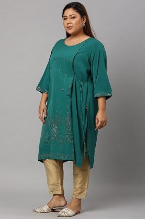 Green Mukaish Printed Layered Plus Size kurta with Gold Embroidered Slim Pants - Image 3